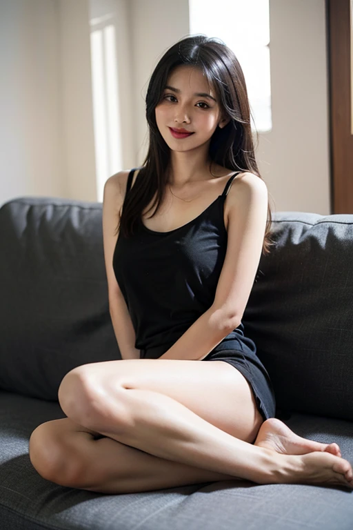 (Highest quality,8k,High resolution,masterpiece:1.5),Attractive big、Beautiful attention to detail,Beautifully detailed face,Plump:1.2,Attractive face,long, straight black hair,Cute Costumes,girl,girl in a hotel room,Slightly downward-facing eyes,Short skirt,Visible cracks,Japanese woman in her 20s,Captivating look,Little pout,Plump lips,Rebellious Makeup, I can see up to my knees、Accentuate larger breasts、Sexy look、smile、Laughter、Gentle expression、Mouth open、Wearing a bold camisole、Short skirtから太ももが見えている、A young Japanese woman wearing Korean style makeup、Dress seductively、Beautiful long black hair