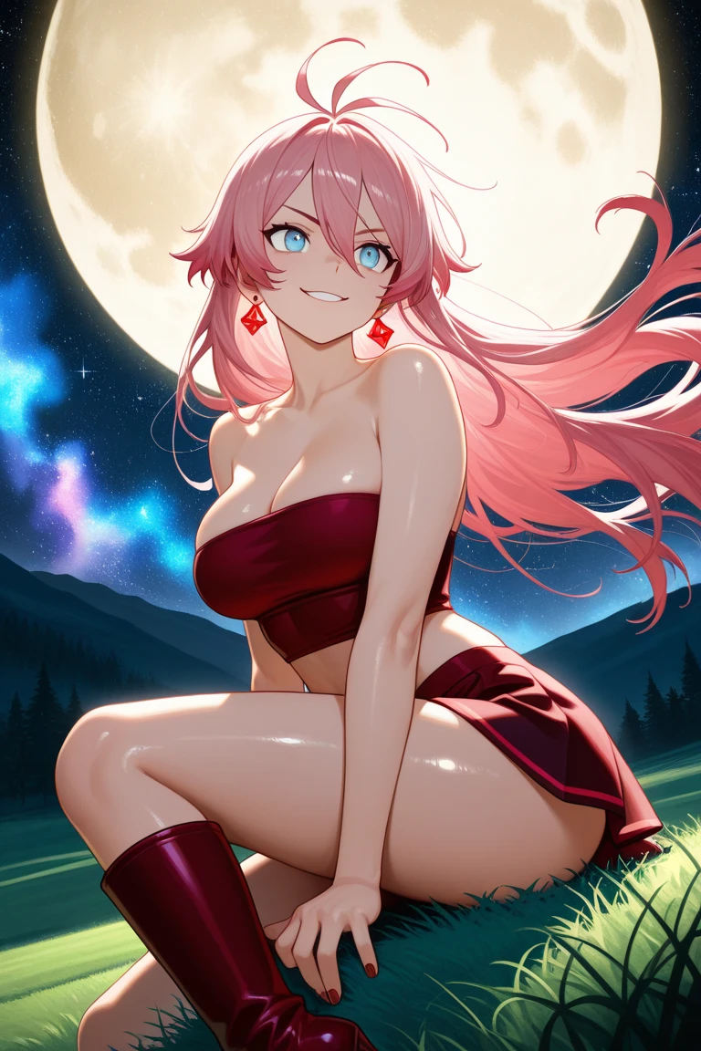 Masterpiece, Very detailed, Ultra-detailed, One, 8k, 4k, mature milf - full body view, looking provocatively back at viewer, soaking pussy, with creamy flawless skin and mature body, fully soaked wet body, long hot pink hair, blushed and seductive body and face, fiery pink eyes and women's bright only pink bra lingerie, with huge breasts and thick thighs, around the moon and stars, terrible and terrifying atmosphere