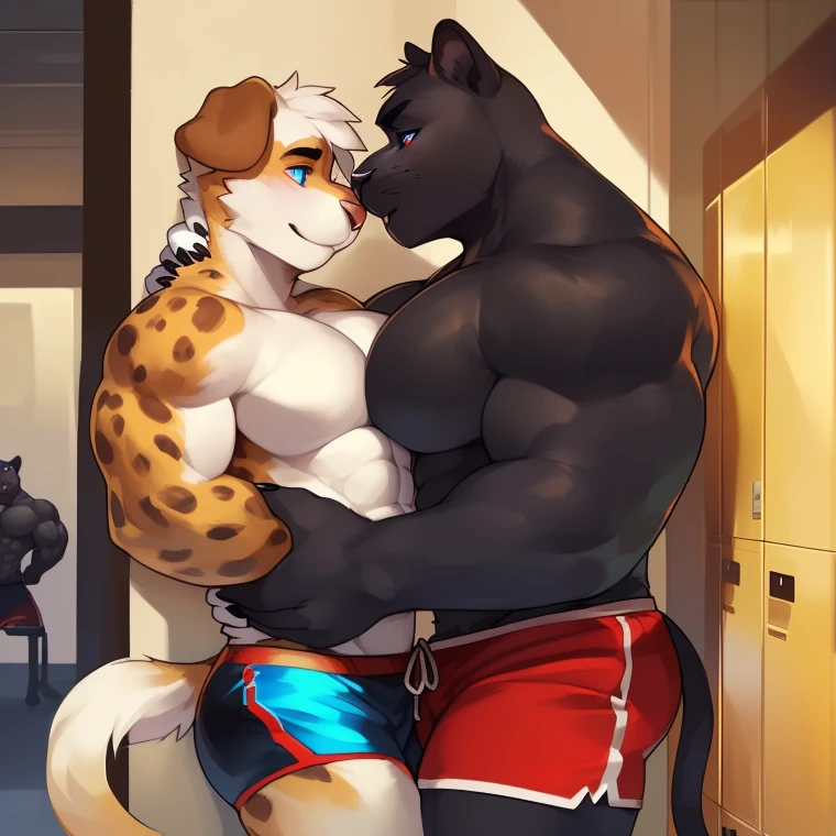2 males, Anthro, gay, Duo (((male, black Panther, muscular, broad shoulders, black body, long snout, looking dominant, massive cock, black cock, massive cock, 18 inch cock, 6.4 girth cock, big thighs, black balls, red pupils, long snout, black panther has red pupils, penetrating male, panther tail, penetrating anus, penetrating domestic dog anus, holding underside domestic dog ankles))) bedroom, detailed reverse stand and carry position, detailed cock, detailed mouths, detailed teeth, detailed hands, detailed genitalia, detailed pupils, detailed snout, detailed teeth, detailed eyes, detailed snout, detailed tongue, detailed head, detailed butt, detailed ears, detailed abdomen, big hands, pink tongue, naked, detailed faces, detailed mouths, detailed neck, standing, domestic dog is being penetrated by black panther, black panther is penetrating domestic dog, biped, different species, from behind position, holding partner, black eye brows, biped, big balls, anal sex, reverse stand and carry position, anal penetration, thrusting movements, jiggling Butt, pink paw pads, anal, anal juice, head on shoulder, (((male, domestic dog, looking shy, blue pupils, blue eyes, massive pecs, folded ears, brown spots on legs, brown markings, white body, white abdomen, white pecs, white feet, white legs, white arms, white head, white thighs, white face, brown ears, folded ears, big cock, bubble butt, long snout, looking shy, white fur, blue pupils, white abdomen, naked, pink cock head, domestic dog being penetrated, domestic dog is bottom))) defined muscles, adult, manly look, detailed body anatomy, perfect anatomy, black nose, NSFW, separated body’s, separate body colors, body anatomy, By mystikfox61, by chunie,