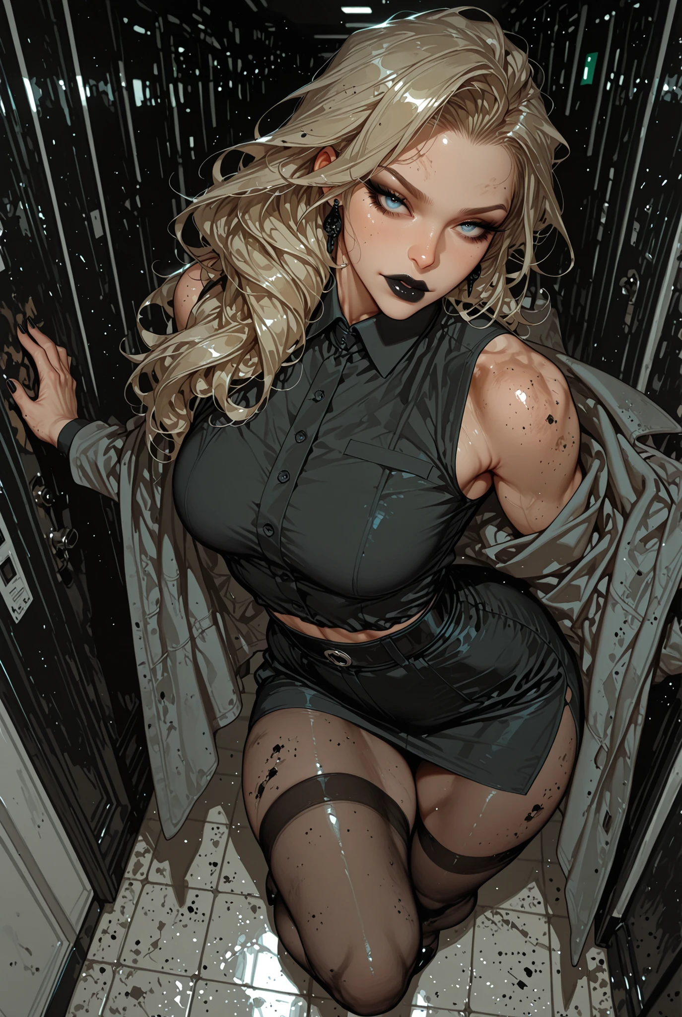 adult female, medium breasts, mature women, mature woman, 1girl, black lipstick,black nails, calm gaze, grayish blue eyes, black eyeliner, dirty blonde hair, black earrings, dark grey pencil skirt(highwaisted, thigh-slit), black dress shirt (sleeveless), grey coat hanging off the shoulders, black stockings, medium breasts, toned body, long hair, slightly curly hair, looking at viewer,full body, business office background, motion blur, dynamic pose, dynamic composition, masterpiece, best quality, dynamic angle, high quality, amazing quality, very aesthetic, absurdres, newest