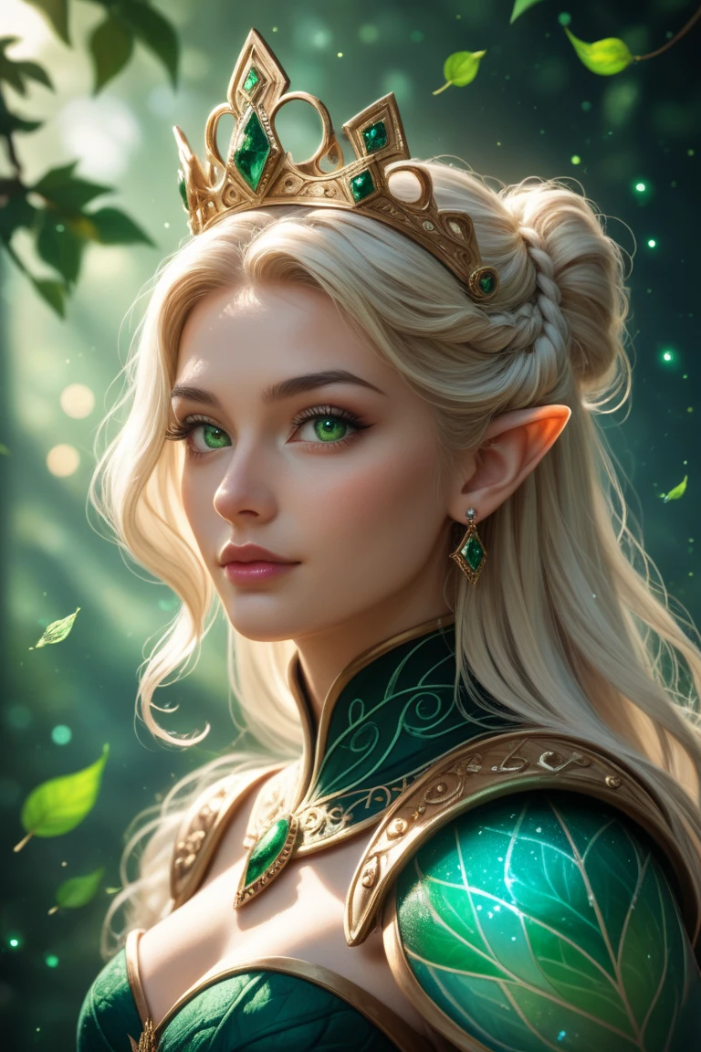 (((Front Facing View))), (Highly Detailed), Beautiful, Stunning, (Portrait:1.2), Character, (prime) feminine features, (adult), figure, mischievous expression, ((tan)) skin, green eyes, wavy (hot) blonde hair, looking at viewer, smiling, elf ears, confident, (confident), ((symmetrical detail eyes)), (soft light: 1.5), glowing sun effect, (deep jungle atmosphere : 1.6), full body, skin with golden tattoos