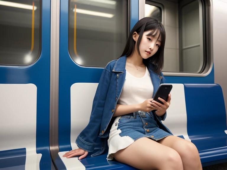 "(Masterpiece, High Definition, Ultra High Definition, 4K) Black hair, 14 years old Japan girl, uniform skirt, emphasizing thighs, white thighs, soft thighs, glossy thighs, sitting on the train, face-to-face angle, (angle from below),sitting in the train seat,Sitting in front,Zoom camera in the crotch,Feet on the train floor,Full body,Looking down and sleepy,Looking at the viewer only", best quality, ultra high definition, (photorealistic:1.4),, high resolution, detail, raw photo, sharp re, Nikon D850 film stock photo by Lee Jefferies 4 kodak portra 400 camera f1.6 lens rich colors hyper realistic lively textures dramatic lighting unreal engine artstation trends cinestir 800,