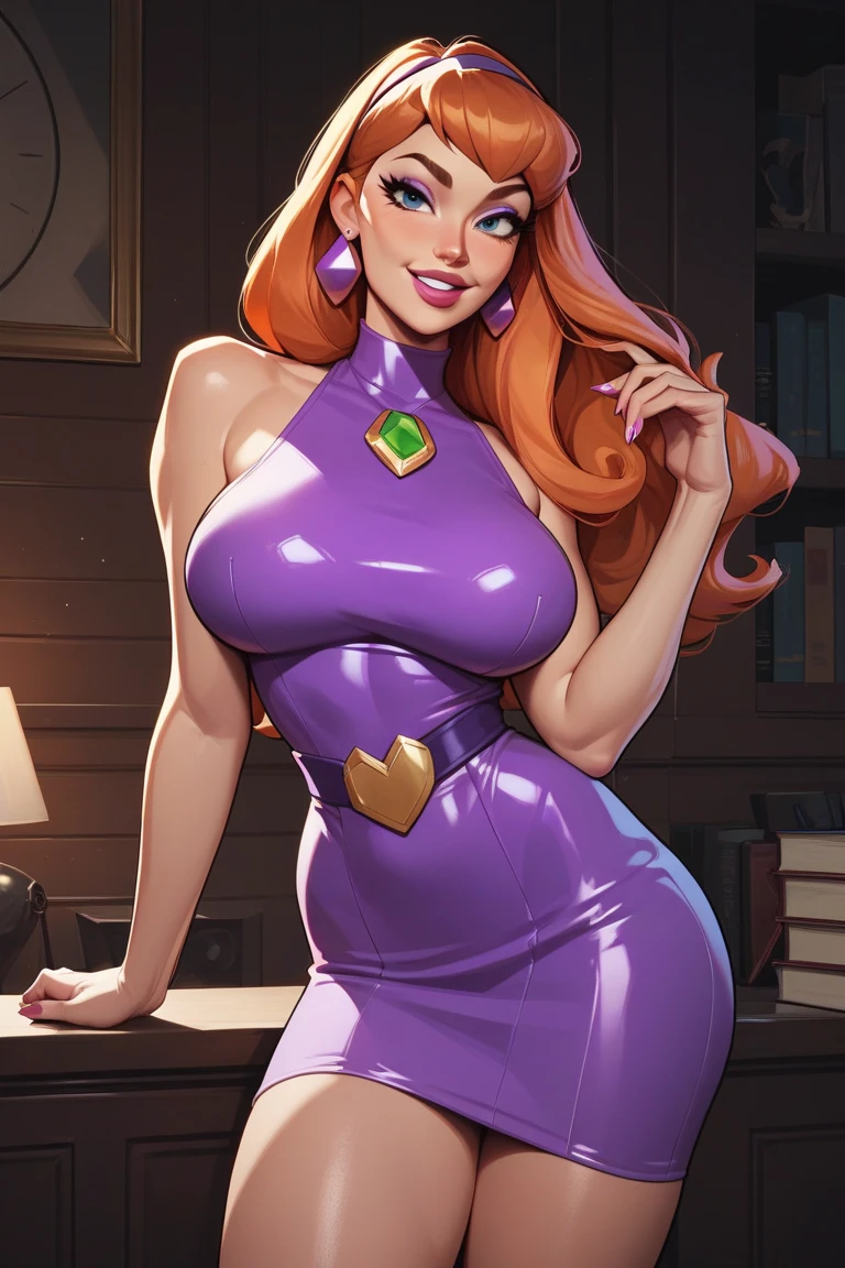 Jessica Rabbit in a big red dress, high-cut, long purple elbow length gloves