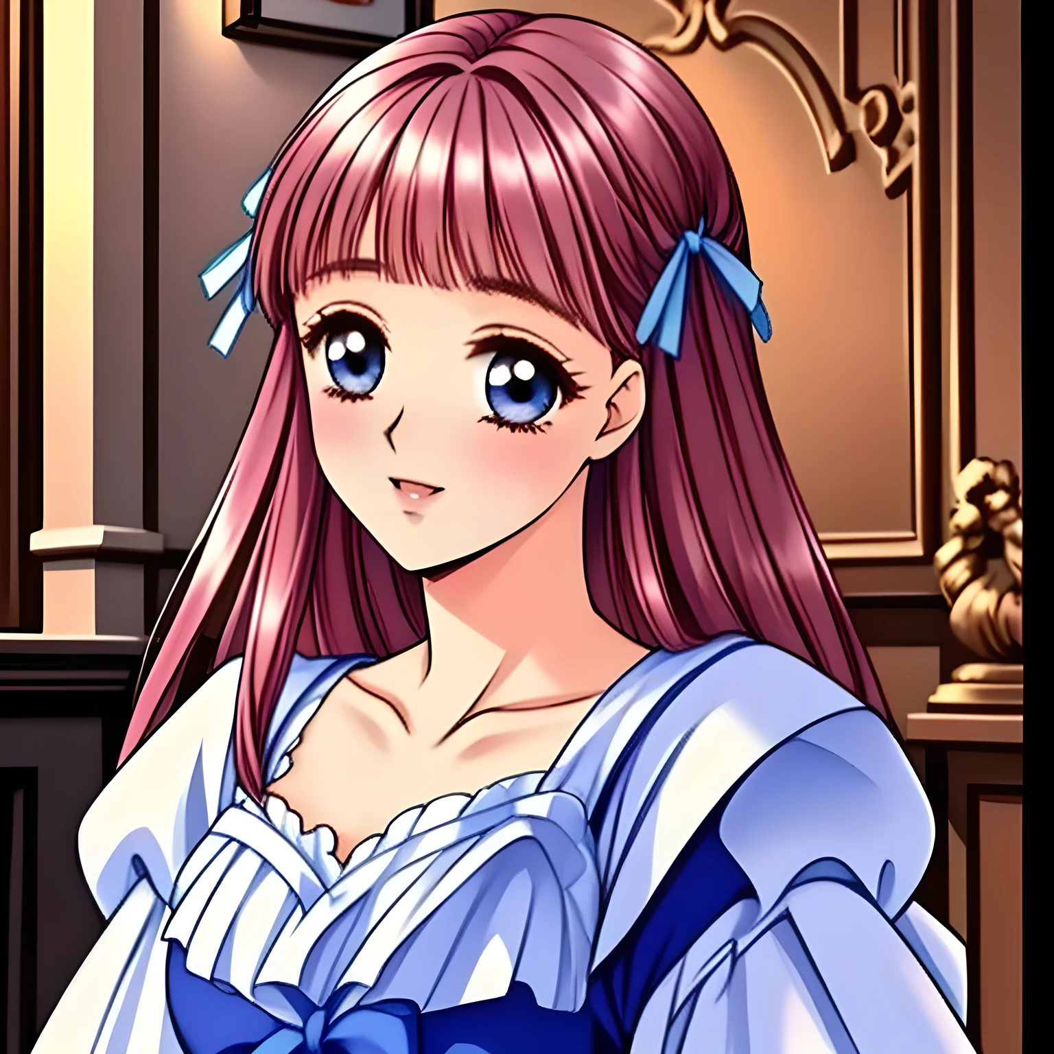 (highest quality, masterpiece:1.5), highest quality, High resolution, 1080p, 8K, (Too beautiful, Too much beloved noble grown beautiful beautiful lady: 1.4), (Happiest laugh with unreal beauty: 1.0), ((Blue Gorgeous Rococo-style dress with many ribbons like princess: 1.6)), (Nothing except the lady to emphasize the beauty),  ((purity and neatness is very impressing): 1.8), (Full body shot), (Beautiful blue eyes), (shiny pink hair)