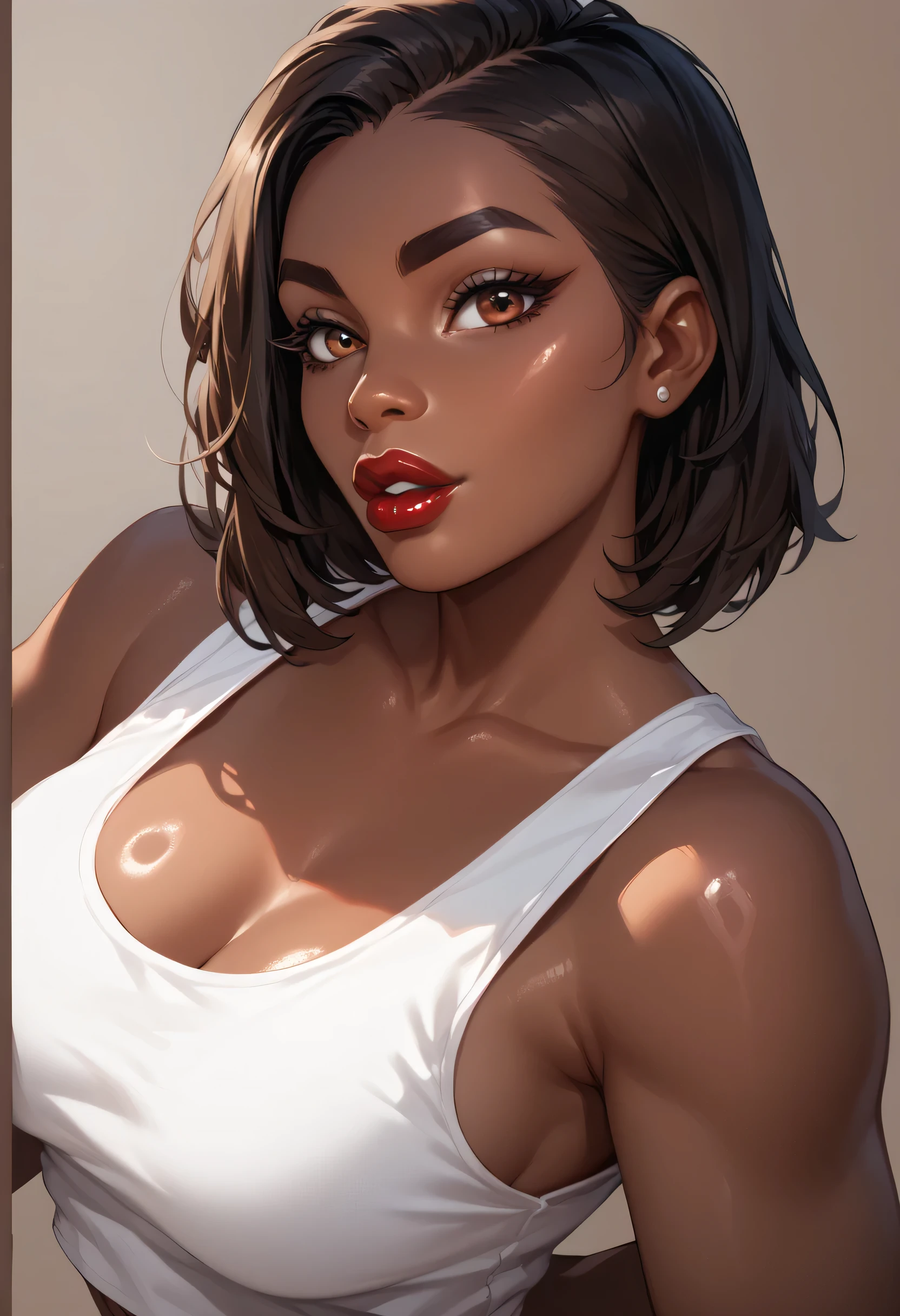 (simple background:1.3), short hair, straight hair, black hair, black thin eyebrows, brown eyes, red lips, thick lips, medium breasts, tank top, white tank top, (female african, colored skin, dark brown skin)