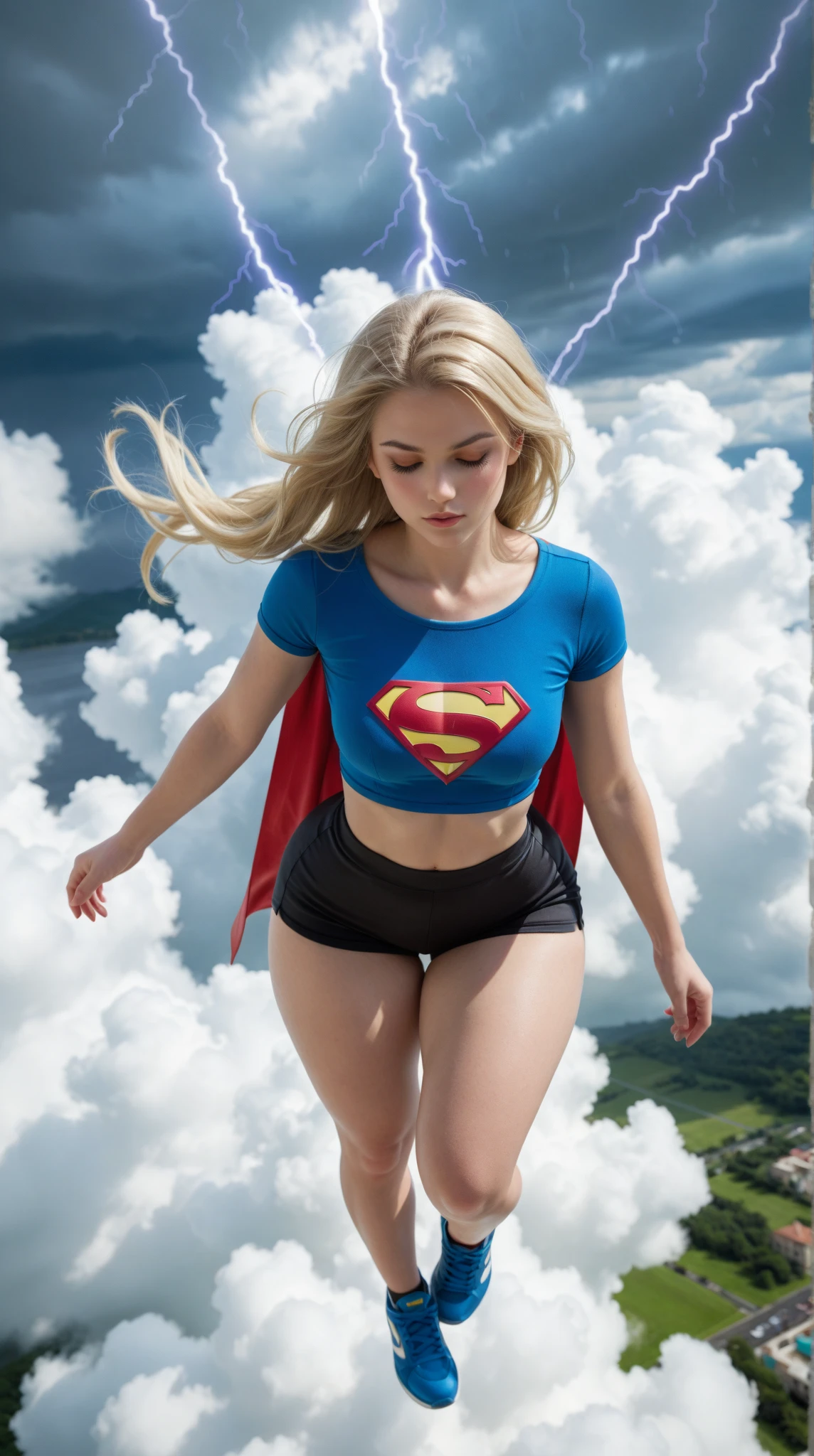 Melissa Benoist open thighs,super girl up skirt,white panties,coverd nipples,(shoot from below),wind from below,sky,solo, cape,red skirt,blue tite long sleeve shirt,