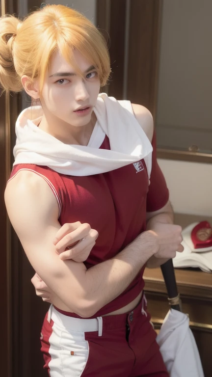 A boy with realistic yellow hair, realistic bright blue eyes, Korean handsome face, realistic cool facial expressions, realistic athletic body, adapts exactly realistic clothes, Realistic black pants, realistic light, realistic background, realistic shadows,Hands holding realistic clothes