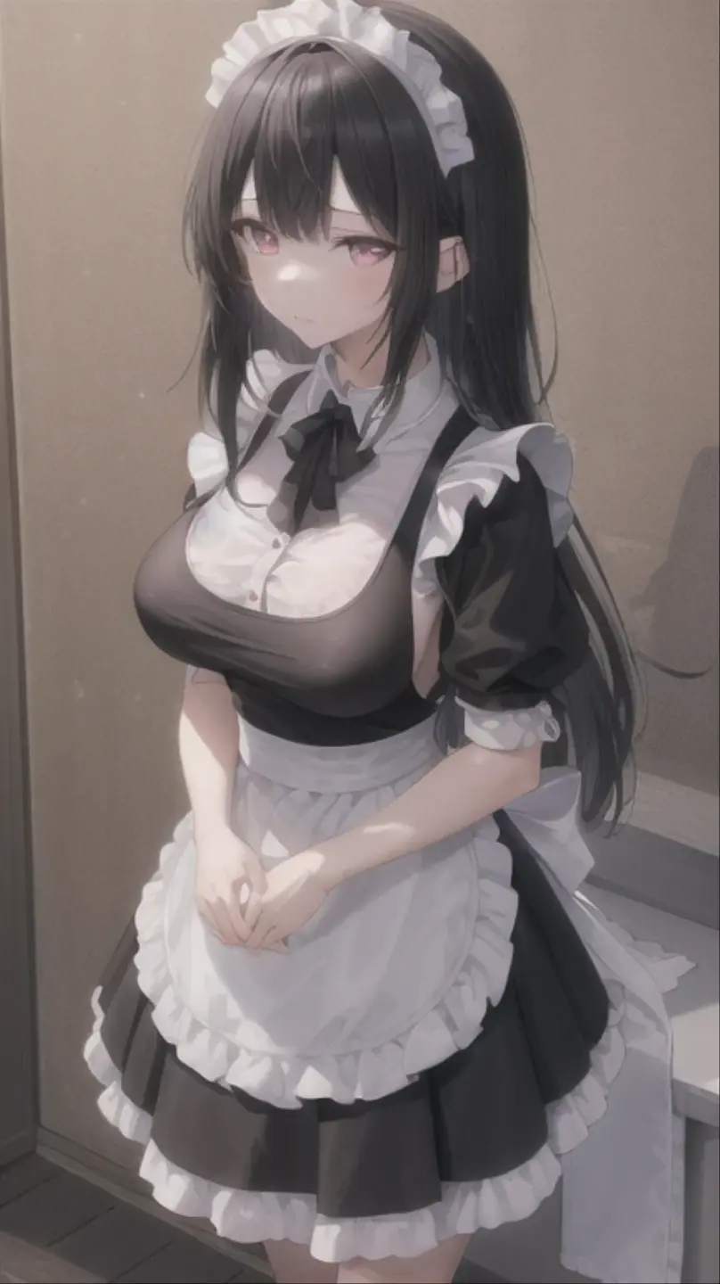 (masterpiece, highest quality), beautiful face,red eyes,red eyes,princess cut,Patsun bangs,whole body, 1 female, alone, maiddress, maid,dress,big breasts,Standing picture,whole body,long,long hair,black hair,Call