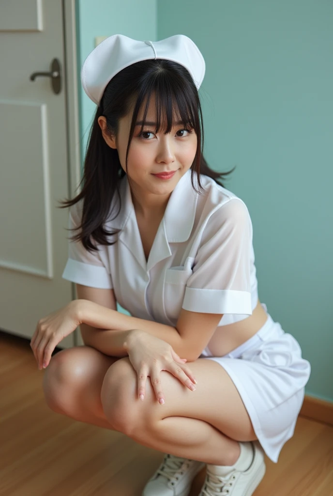 (muste piece:1.2),(8K high quality), (highest quality), (RAW image quality), (Reality), (It's photorealistic:1.37), large eyes,long eyelashes,It's exquisite(Live-action realistic style),ultimate face,Photorealistic light and shadow,clear facial features,milky white skin, high detail skin,realistic skin details,visible pores,(super detail),(short hair),best portrait,((Front shot taken from a distance)), Only one girl, cute type,beautiful detailed eyes, beautiful detailed nose, highly detailed skin) ,(Beautiful face with double eyelids), (Realism: 1.4),excellent detail, super high resolution,,,delicate and beautiful face,,25 years old,(beautiful face 1.4),slender,,((Photographed in a white hospital room)),, ((Wearing nurse clotheake eye contact with your audience,smiling a little)),wearing a nurse cap,(The inside of the hospital is white.),,very beautiful feet,(I like to show my crotch to my viewers),((Crouch in front of the viewer)),(I like to show my crotch to my viewers),squat with your legs slightly open,(You can see her white panties when she squats down.),the hospital floor is white,gesture of placing hand on cheek,Crouch in front of the viewer,((Crouch in front of the viewer)),cute white panties