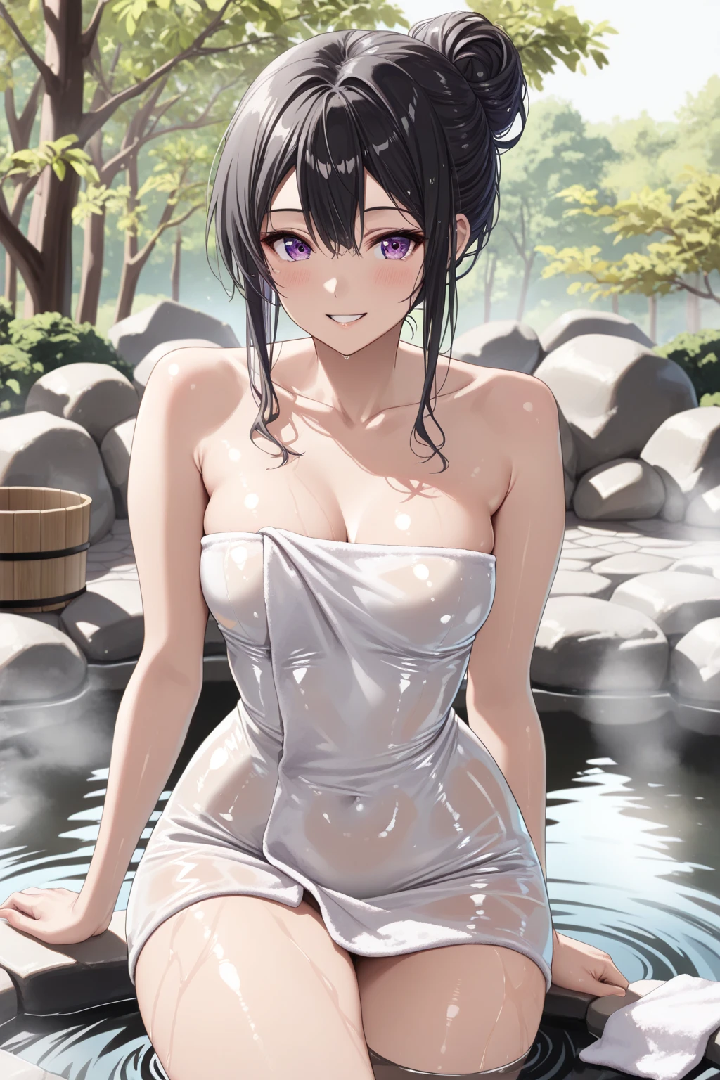 tmasterpiece,hoang lap,(Complicated details),(rich colourful),cinmatic lighting,bust,the Extremely Detailed CG Unity 8K Wallpapers,hyouga hanabi,Low hair tied long,looking at view, completely naked,inside in room,swimmingpool,perspire。Be red in the face,Blushlush,,perspire,nase,Kneel inside the pool