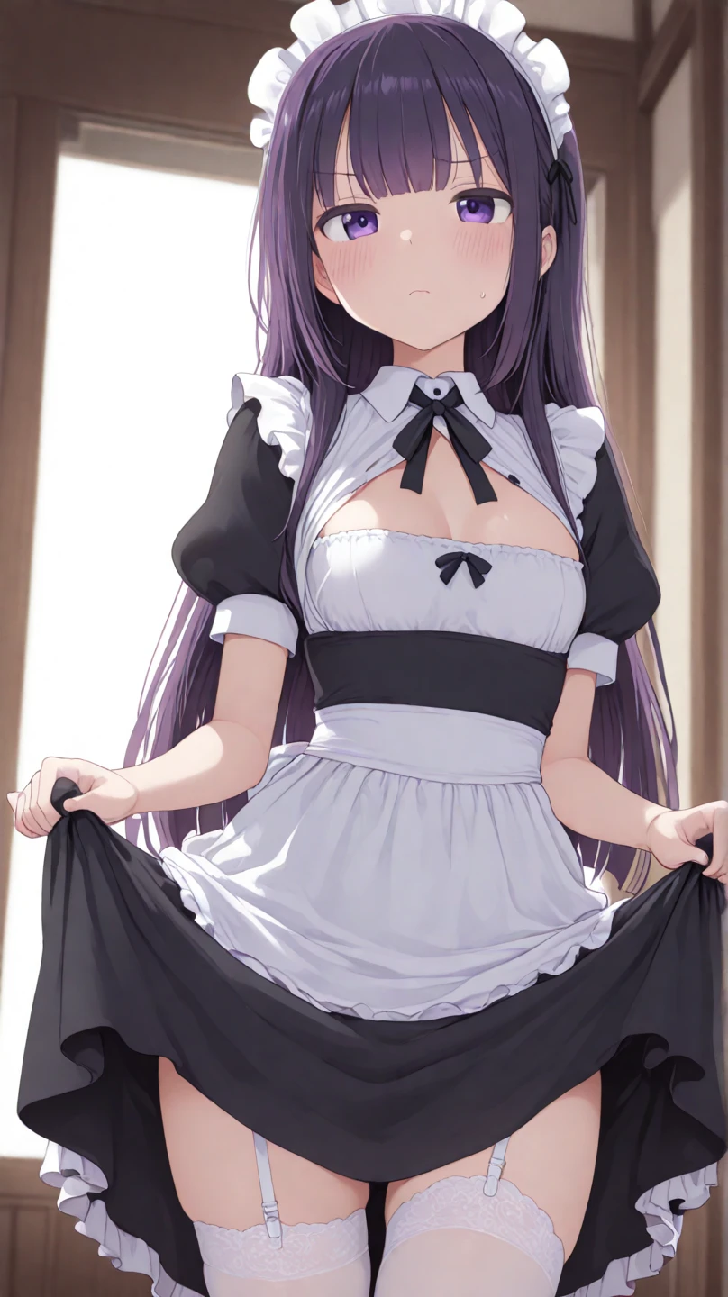 1 Girl, smile, purple hair, long hair, hairclip, Maid costume, Best quality, masterpiece, a high resolution, lifts her skirt, purple thong visible