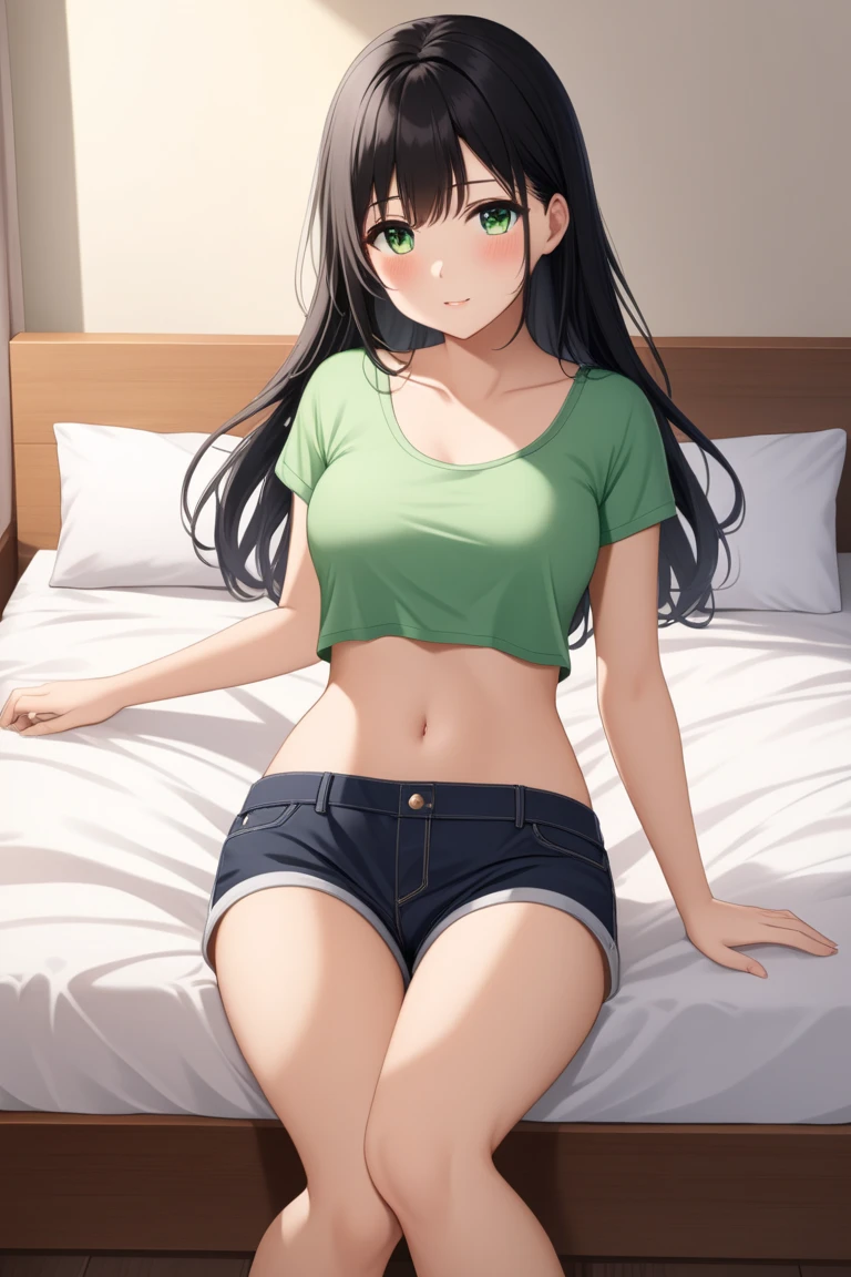 super fine illustration, vibrant colors, masterpiece, sharp focus, best quality, depth of field, cinematic lighting, ultra detailed, white t shirt , short sleeves, MILF, 1 woman, solo, midriff, tummy, belly button, large navel, on sofa, close up, looking down, medium breasts, curly hair, long hair, green skirt, pearl necklace, makeup, dark brown hair, blushing, afraid, embarrassed, low angle, innie, hands on own cheeks, facing down
