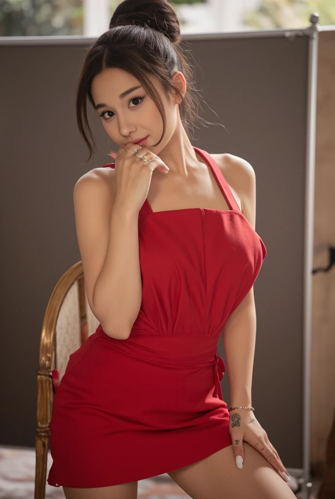 (masterpiece:1.2, highest quality), (Realistic, photoRealistic:1.4), Beautiful illustrations, (Natural Side Lighting, Cinema Lighting), Written boundary depth,
View your audience, Face Focus, Upper Body, 1 girl, Japanese, high school girl, Perfect Face, Cute and symmetrical face, Shiny skin,
(short hair:1.5, Double good, Brown Hair), Asymmetrical bangs, Brown eyes, Long eyelashes, (Medium Chest), thin,
Beautiful Hair, Beautiful Face, Beautiful details, Beautiful clavicle, Beautiful body, Beautiful breasts, Beautiful thighs, Beautiful legs, Beautiful fingers,
((Detailed cloth texture, Off-the-shoulder red micro mini cheongsam, Long slit at waist,Deep cleavage,There is no collar)),
(Beautiful views), evening, walking, (smile, Upward glance), Panties visible through the slit,(The panties are white string panties),
