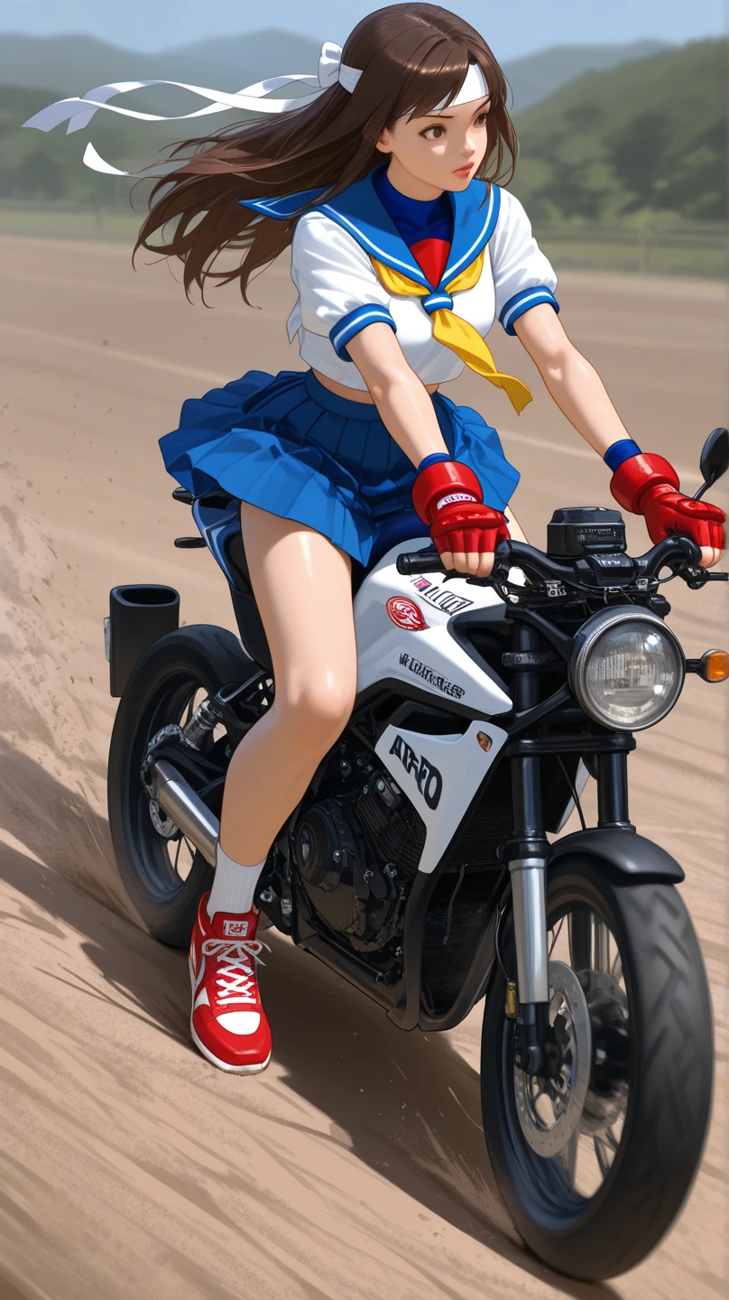 Una guerrera manejando una epica moto roja en medio de la playa.