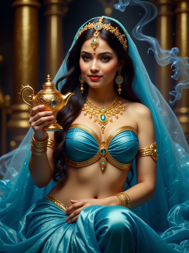 ultra realistic, photography, long black straight hair, elegant hair, (30 years old, hazel eyes, hourglass figure, perfect fit body, natural big breasts), femme fatale, blue Princess jasmine costume, oriental background, holding the magic lamp from aladdin, rubbing the magic lamp of aladdin, thick blue smoke is filling the background