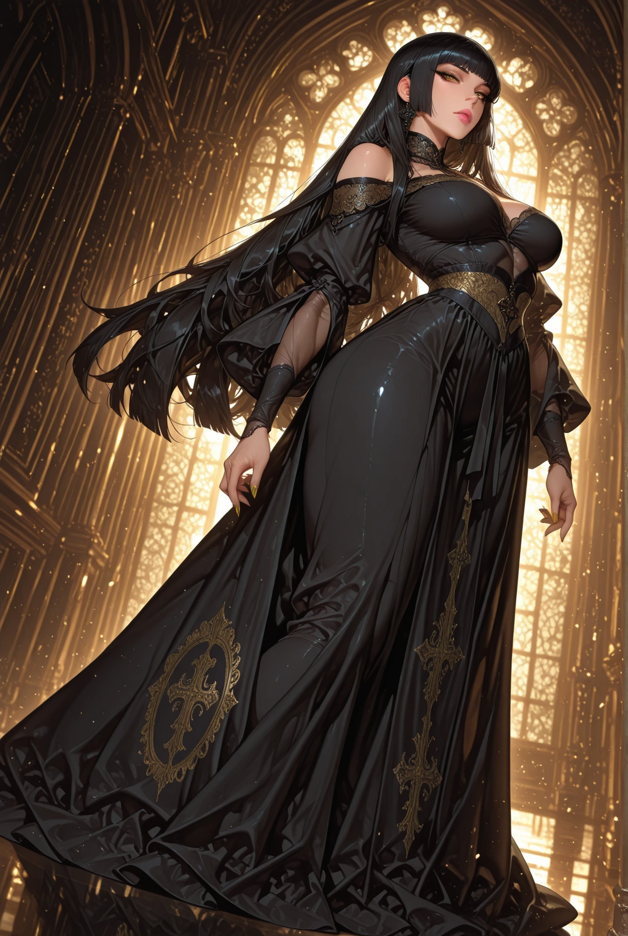 a beautiful woman with long dark hair, elegant long dress, standing confidently, photorealistic, 8k, best quality, highly detailed, dramatic lighting, intricate patterns and textures on dress, glowing skin, intense gaze, cinematic pose, moody lighting, dark and dramatic color palette, oil painting style