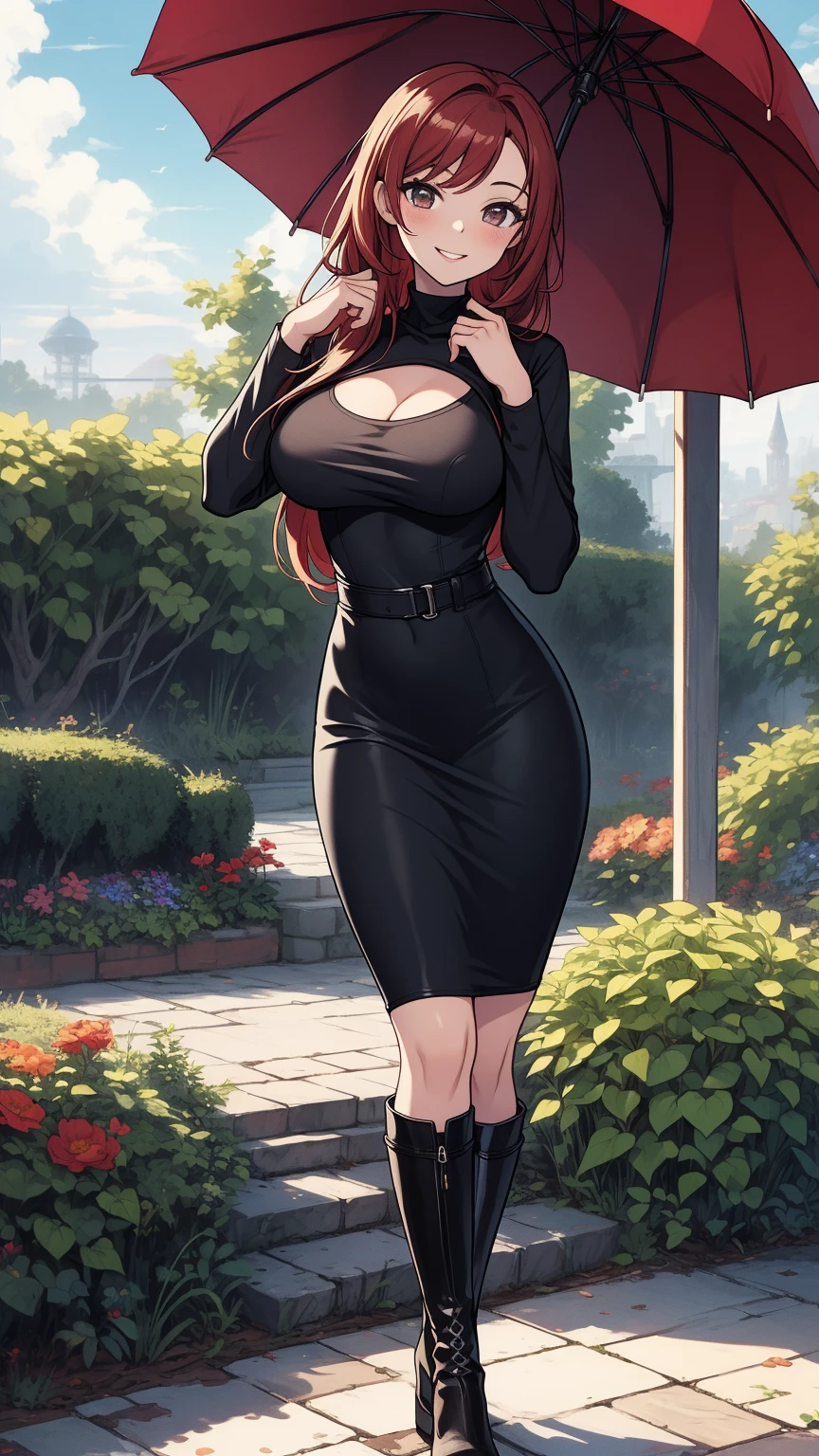 ((high detailed, best quality, 4k, masterpiece, hd:1.3)), Mushroom kingdom landscape, Princess Daisy, neon blue eyes, BREAK blue eyes, seductive, attractive, sexy smile, smiling, smooth anime cg art, 34C boobs, long legs, vivid colors, detailed digital art, slim body, perfect skin, dark red hair, long hair, dark hair, red hair, BREAK crown, cleavage, 34C cleavage, looking at viewer, BREAK looking at viewer, extremely detailed face, full body, earrings, gem, dark black makeup lips, dark gothic eyeshadows, dark eyeshadows, black eyeshadows, black sexy lips, black lips, dark lips, very dark lips, (perfect hands, perfect anatomy), black makeup, detailed fingers, five fingers per hand, 5 fingers, (1 girl), detailed lips, detailed black lips, black painted lips, gothic painted lips, BREAK night, (breast focus), (breasts out:1.3), (off shoulder:1.1), (arms behind back:1.3),