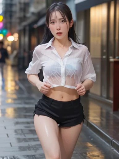 there is a woman in the rain, just after rain, after the rain, soaked, drenched body, after rain, wet tshirt, wet shirt, pretty girl standing in the rain, high definition cgsociety, guweiz, korean women's fashion model, after rain and no girls, wash off in the rain, wet look, tifa, best image quality, masterpiece, super high resolution, (fidelity:1.4), photo, 1 girl, white shirt, torn sweatpants, white sneakers, dim, darkness, despair, pity, poor, movie, (torn clothes:1.5), (wet clothes:1.4), bare shoulders, real rain, wet hair,..ssmile, dancing, street dancing, wearing a sweatpants, transparent shirt, no bra, smiling, green eyes