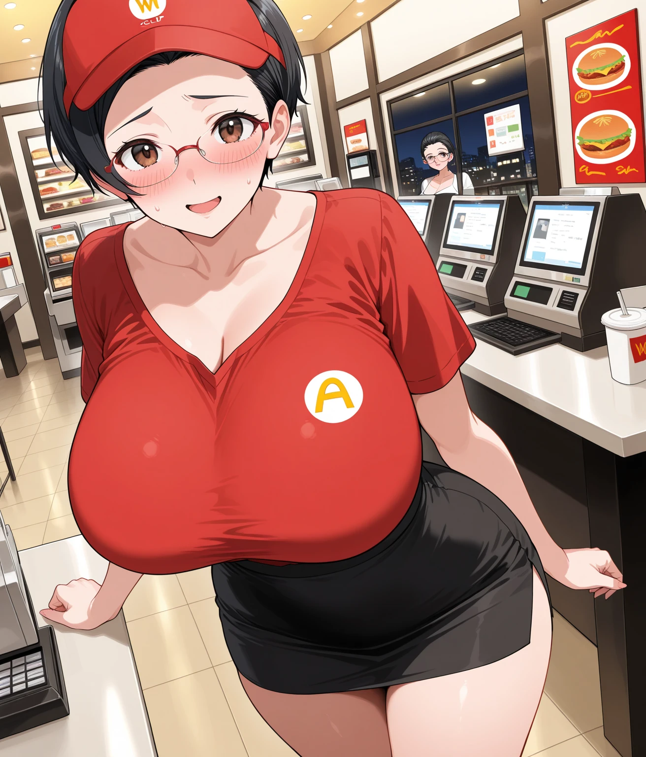 calidad superior, Obra maestra, Ultra high resolution,Anime illustration of an anime girl wearing a sexy pizza delivery uniform standing outside the entrance of a house and has huge tits