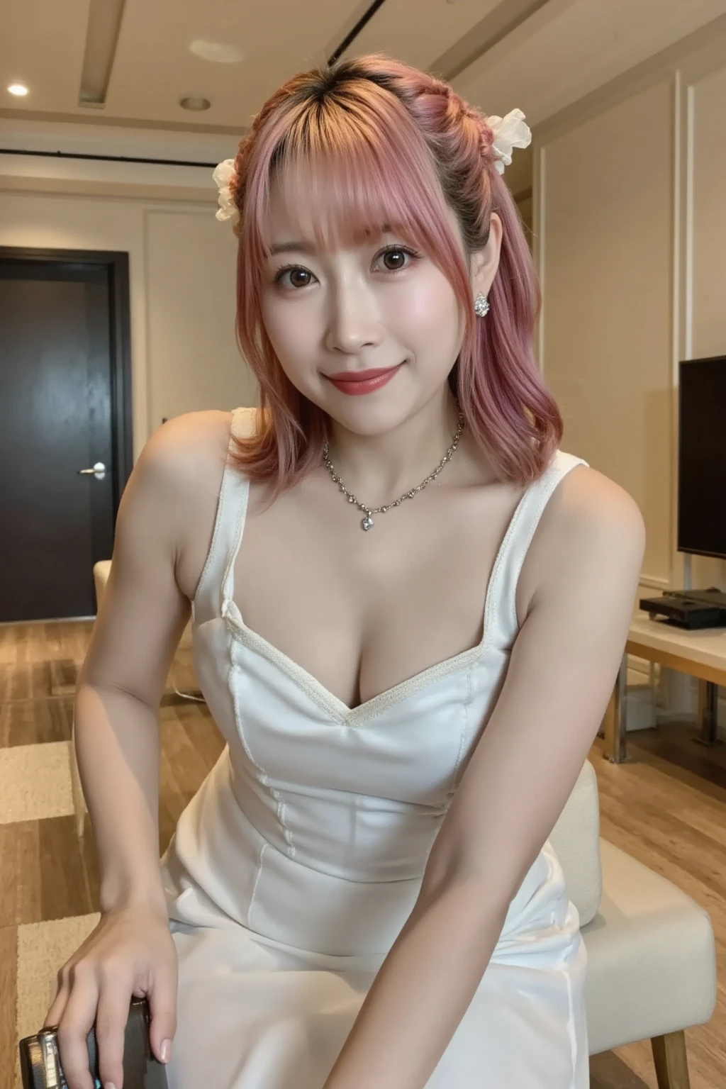 ((Realistic lighting, top quality, 8K, Masterpiece: 1.3)), clear focus: 1.2, sexy Japanese fashion model, perfect body beauty: 1.4, slim abs: 1.1, ((pink hair, long straight hair, earrings , necklace, 1.3)), (wearing a black silk robe, in the big bedroom, makeup vanity, night time, dark, sexy pose, ultra-fine face, narrow eyes, double eyelids, seducing with sexual expressions, 20 year old Japan, big ass, huge, emphasis on breasts, smile , laying next to the wall, hourglass body, , full body shot