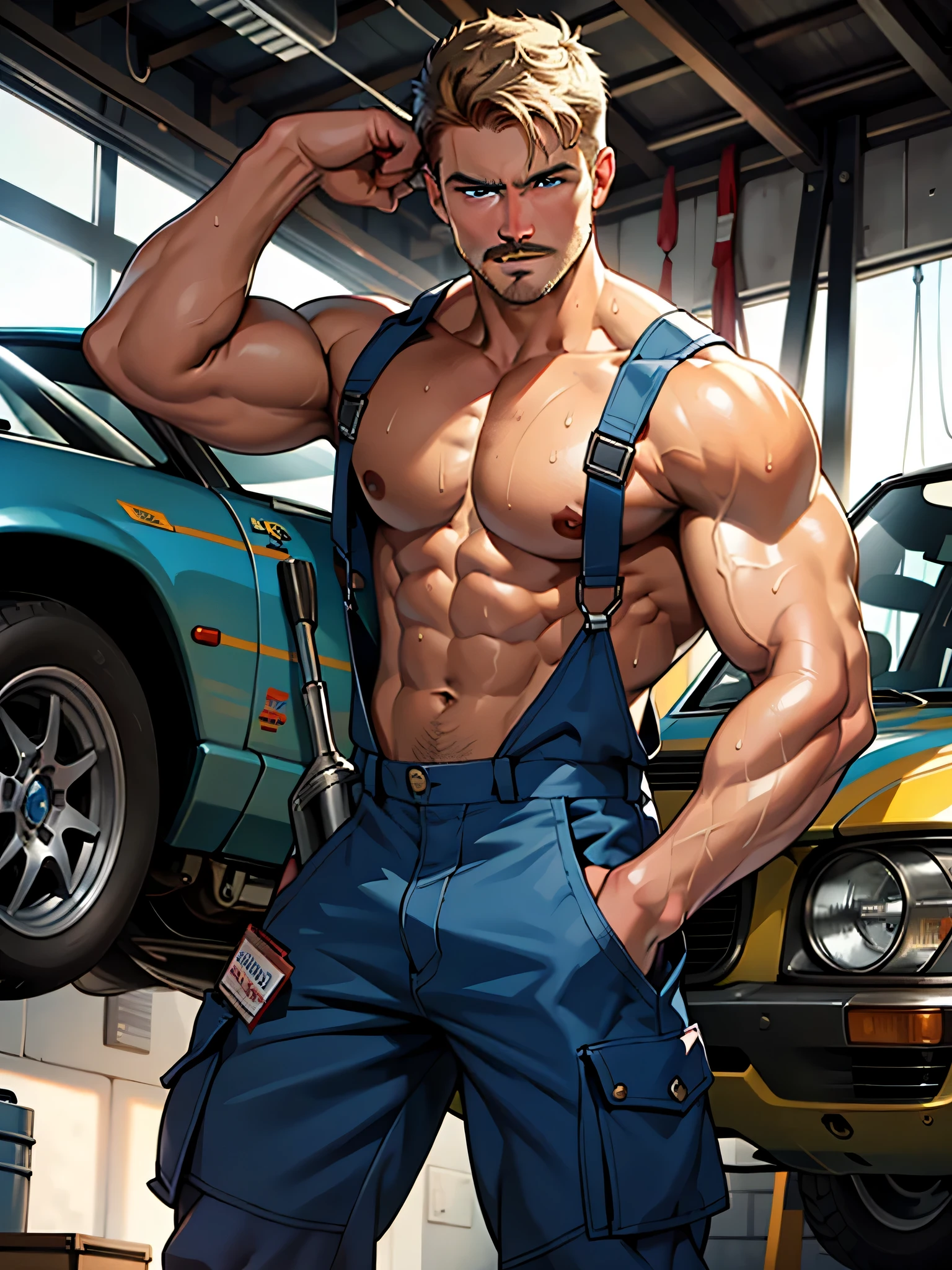 1 man, lean and mature, a hunk and handsome man, stephen amell as a mechanic, wearing totally unbuttoned overall, showing nipples, sweating, tight cloth, bulge, full body view, working on a car, best quality, 32k, masterpiece, very very detailed face, detailed fingers, detailed hands, detailed eyes, , background race cars, workshop, tools, mechanic tools, car mechanical stuff