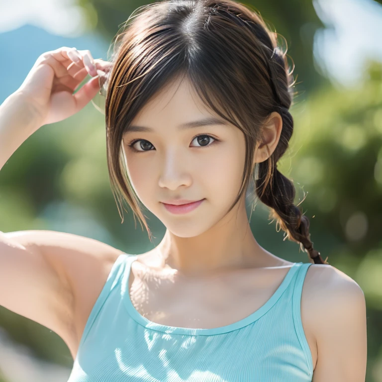 cute,  アイドルのようにcute16歳の高校生、Smiling Kindly、High school suburban classes、高校の制服はCleavageが見えるデザイン、Small breasts、Cleavage、Forest Park、Dim lighting、whole body、RAW Photos、Genuine、Real、realism、Raw photo、High resolution、Life、No copyright notice