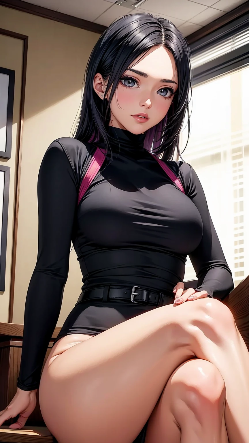 1 girl, Hyuga Hinata in the anime Naruto, long hair, black hair, white eyes, Very angry, Beautiful, purple clothes, Medium breasts, realistic clothes, Clothing Detail, ultra detail, realistic, Lying on his back, knees bent, legs spread wide, purple skinny pants,trousers torn at the groin, hands above head,hands tied with rope at the wrists, nipples shine through