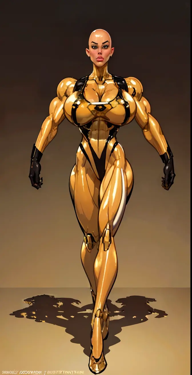 8k ((long neck:1.5))((full body view))((view from below:1.5)),(large eyes:1.3), (large arms:1.4), defined cheekbones, looking back, ((the pit style:1.4))((sleek bodysuit:1.6)) ((gold shoulders:1.4))detailed face:1.5), translucent skin,(puffy lips:1.5) (translucent skin:1.6), (bald woman:1.7), (skinhead) ((sexy pose)),(Muscular:1.6), ((gigantic breasts:1.5)), )highly detailed, majestic, digital photography, art by artgerm and ruan jia and greg rutkowski, ((large biceps:1.2)), (masterpiece),((wide shoulders:1.5)) sidelighting, intricate details, (((black and gold color palette))), body appears see through, ((black legs:1.4))((black torso:1.4))((slendered abs:1.2))