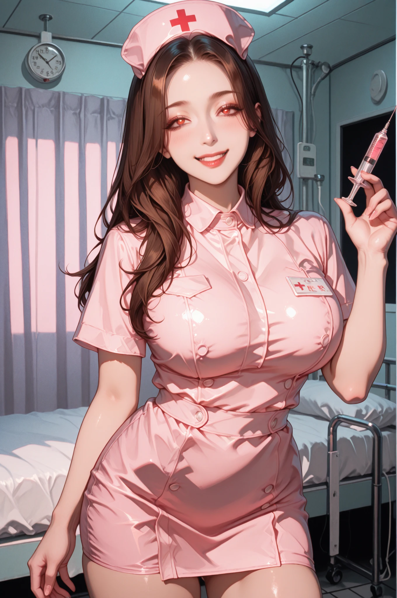hospital, nurse, Having an injection, Blur the background,smile,Big Breasts,Glitter effect,Highest quality, 8K, High resolution, masterpiece:1.2, Very detailed, Realistic:1.37, High resolution, 超High resolution, Ultra-fine painting, Very detailed, Professional, Vibrant colors