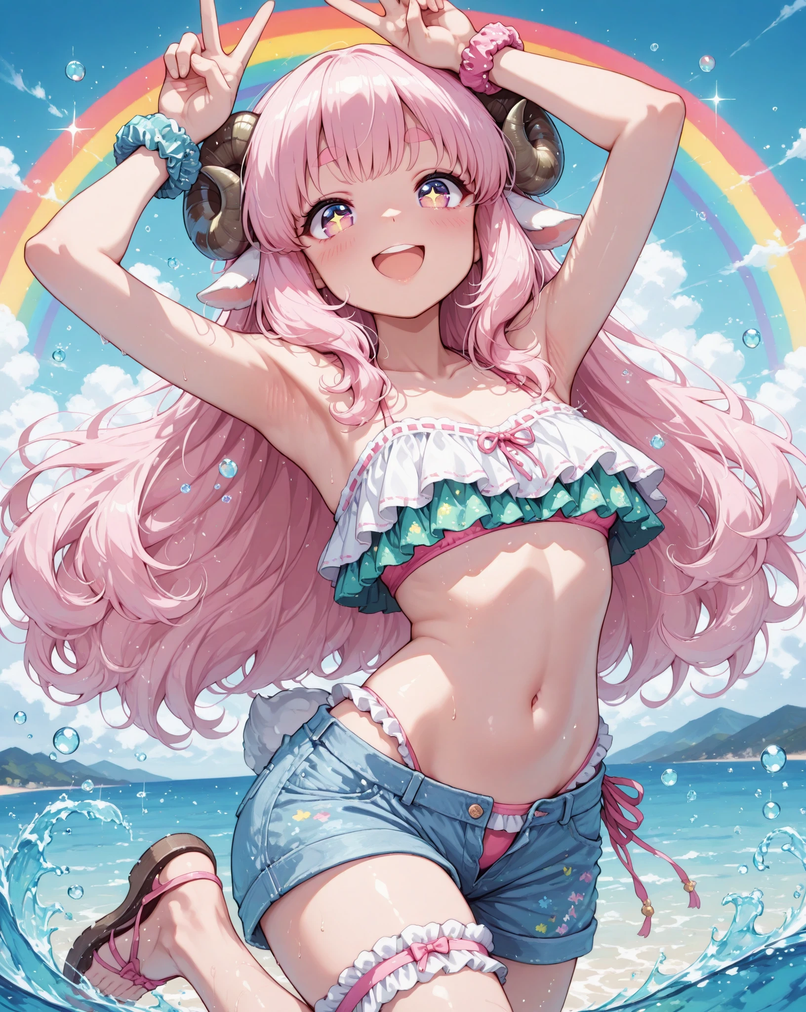 Barefoot, Wearing a colorful bright princess dress, Expose her navel and flat chest, Warm and soft, Beautiful girl dancing under blue sky and white clouds on the beach, Smiling，Hair fluttering，Beautiful shells on the beach