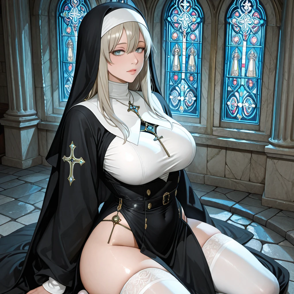 Priest's clothing、blindfolds、female pervert、barechested、Protruding milk、はみ出たfemale pervert性器、female pervert性器が出ている、Veiled、nipples are protruding、huge tit、He is posing with his legs wide open.、自分のfemale pervert性器を触っている