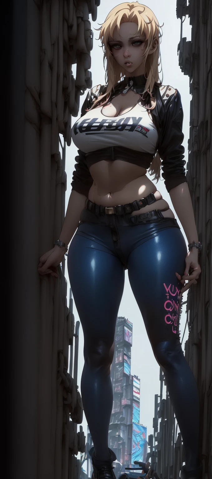 2 female、Silver Hair、Side-swept chignon((good site))、High neck zipper up top、Navel visible、Low rise leggings、pumps、Urban concrete wall(Spray art)Lean on、Sunlight from above、Don't look at the audience、Long eyelashes、sexly、eye make up、Arms crossed、smile