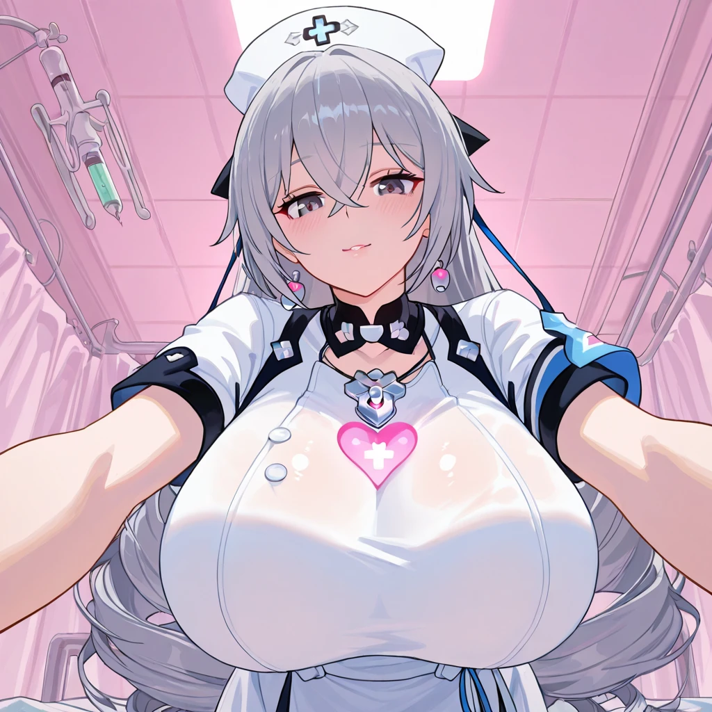 hospital, latex nurse suit,nurse,busty,gloves,labcoat,silver hair woman, black eyes , gigantic boobs ,medical instruments,asian nurse,two nurses,speculum,examination room,oversize boobs,mask ,big ass ,strap on
