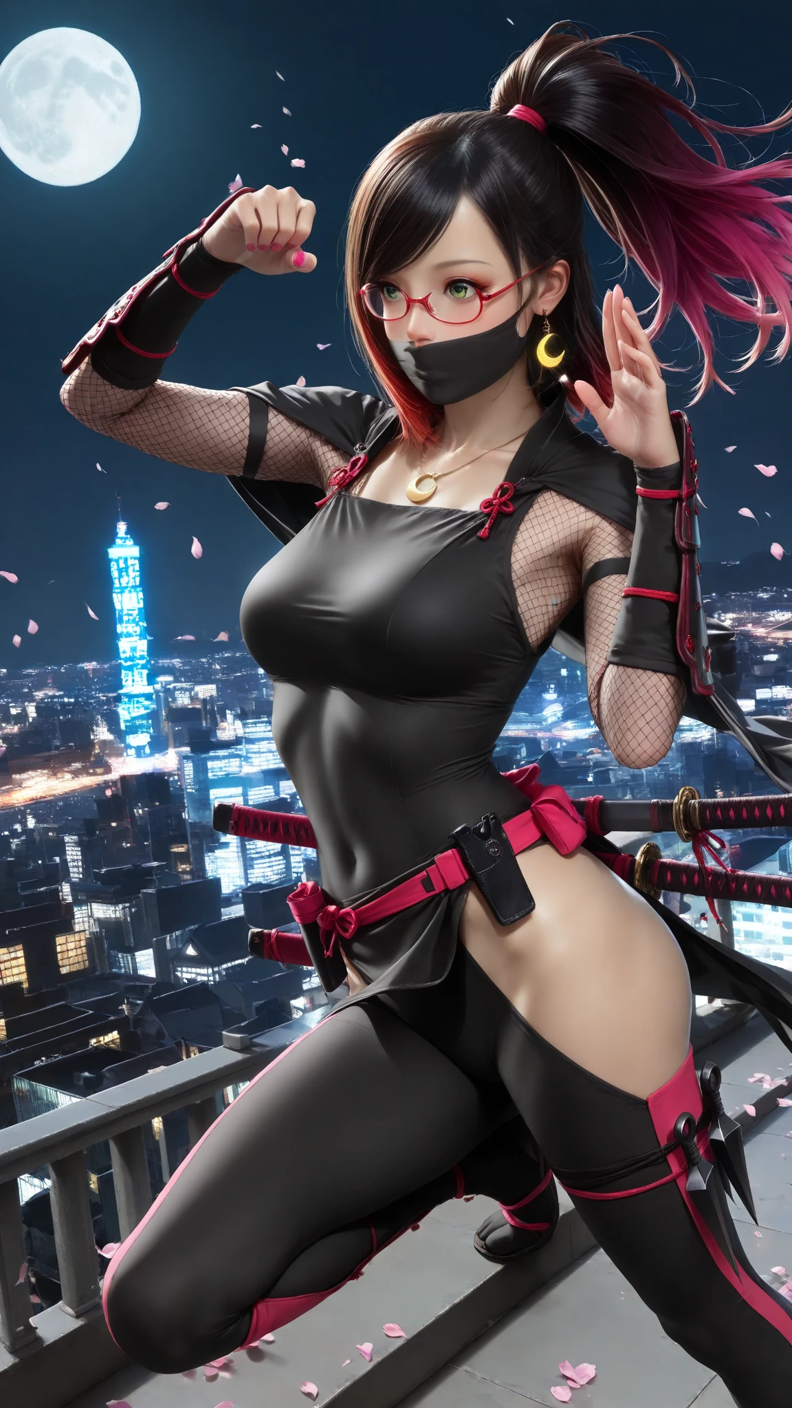 rael,raelsuit,bodysuit,semi-rimless eyewear,fingerless gloves,mechanical tail,ponytail,red eyes, underboob, no shoes, stirrup legwear, hairclip, headgear, toes,<lora:Rael:0.9 > nier:3