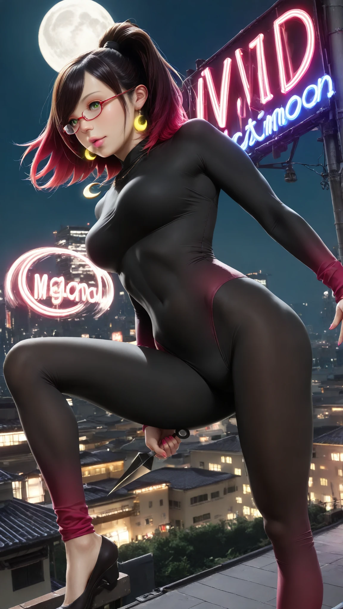 WZRYakeAYMN,1girl,long hair, mask, pink hair, elbow gloves, looking at viewer, bodysuit, makeup, bare shoulders, fake animal ears, clothing cutout, cityscape, night, mature female,<lora:WZRYakeAYMN:0.75>,pantyhose,standing,