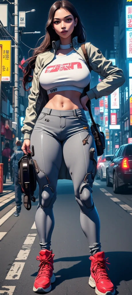 Masterpiece, high definition, ultra detailed, photo realistic, 8k, Full body, standing tall, arafed beautyful lady in black jacket and white pants standing on street corner, high waist cargo pants, tosca-blue T-shirt, cyberpunk city, standing tall, busty, in a city street, Shifted Bangs Japanese Haircut, wearing urban techwear, realistic depiction, standing in a city center, an ultra realistic, promo image, techwear look and clothes, in city street, hyper-realistic, hyper - realistic, wojtek fus, hyper realistic style