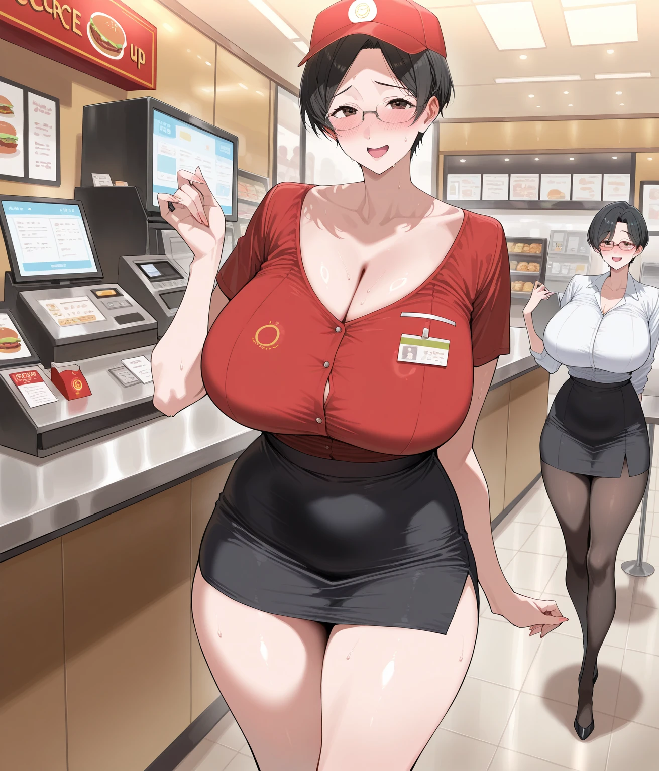 ((highres)), Masterpiece, high quality, best quality, beautiful, perfect lighting, detailed face, ultra cute face, ((1girl)), ((solo), short brown hair, messy hair, green eyes, ((blush)), nervous, shy, in love with viewer, looking at viewer, super market, red shirt, black pants, work uniform, (tight clothes), (wide hips), ((thick thighs)), (chubby), medium breasts, perky breasts, 24 year old female,