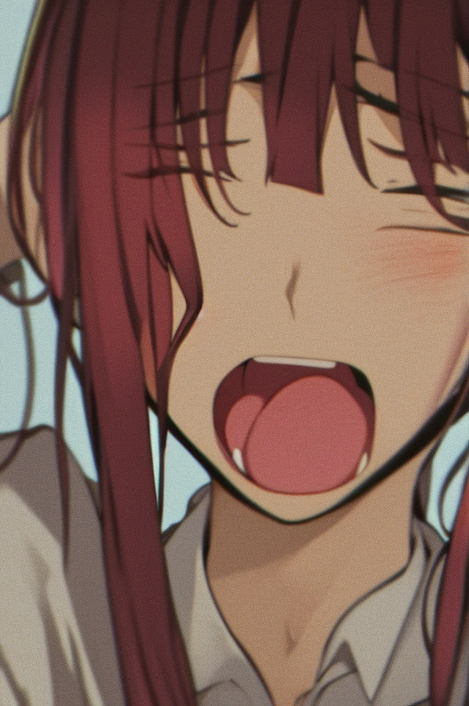 masterpiece, ((ultra detailed background, delicate pattern, intricate detail)), (highly detailed, fine details), best quality, beautiful lighting, ((medium breasts, slim girl)), 1girl, Lilith, ((mischievous smile)) ,(bangs covering one eye), ((light ginger hair)),headphones, (brown eyes), dark-purple jacket,(pink bodysuit, (close-up, portrait), blush, open mouth, big mouth, tongue, tongue out, close up, saliva, uvula, uvula, room, mouth focus, excessive saliva, hair one eye covered, room, indoors, angry
