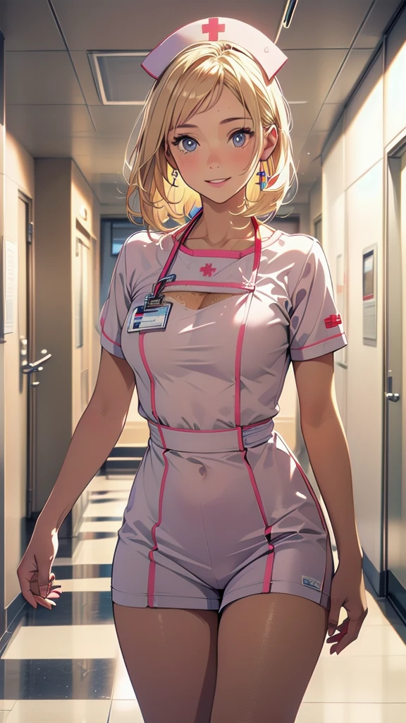 1girl, solo, nurse, nurse cap, white wear, ((white legwear, zettai ryouiki)), white gloves, blonde hair, blue eyes, pink lips, smile, standing, ((hospital room)), sharp outline, short sleeves, best quality, masterpiece