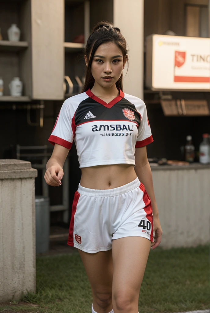 Young sweet beautiful Bogor city sporty girl, an Indonesian national soccer team suporter girl, 20 years old, slim body, georgeus sweet face, short wavy black hairs, wearing red t-shirt with Garuda emblem on the left chest, wearing white short pant, wearing sport shoes and white socks, standing happy in crowd stadion,