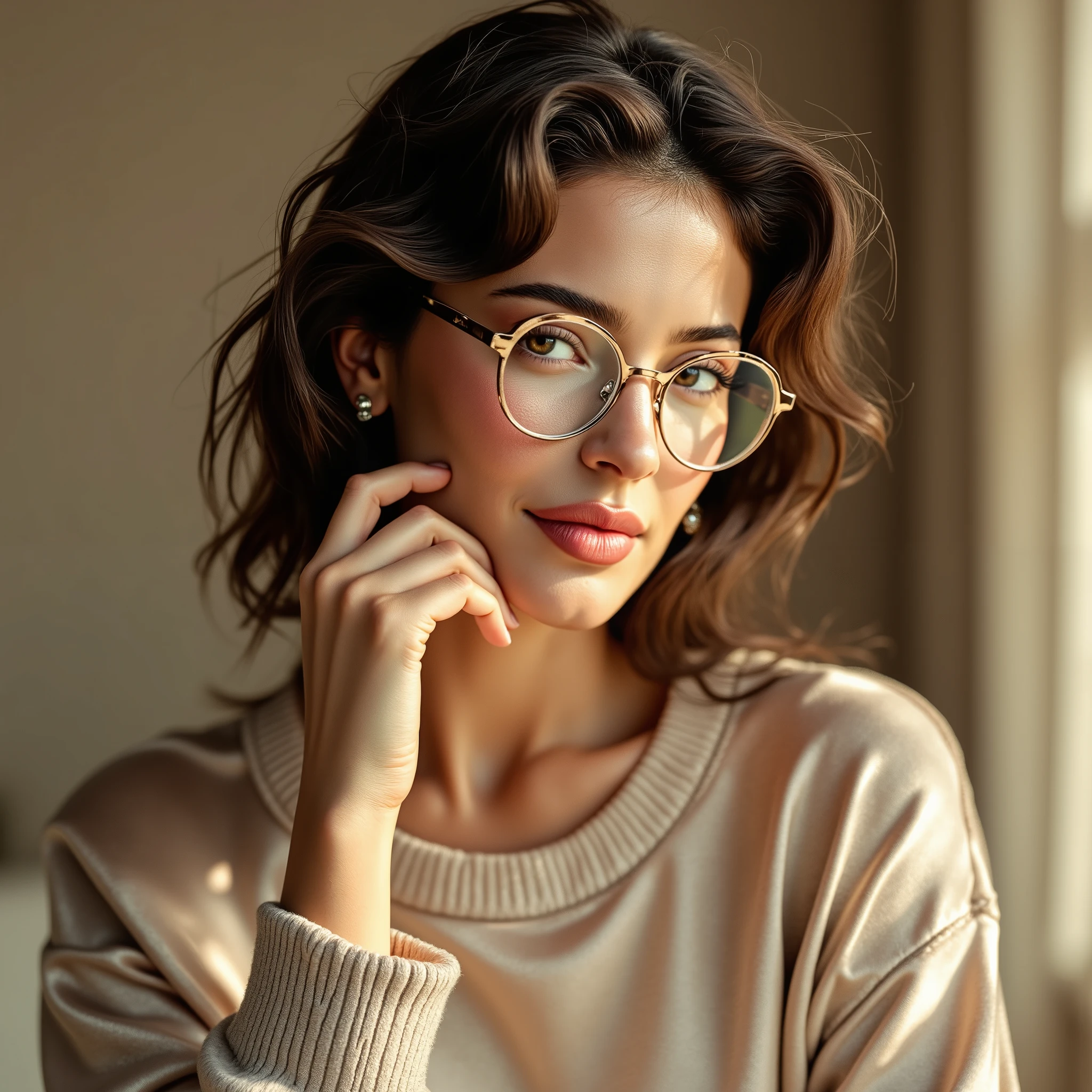 arafed woman wearing a collared satin blouse under a crewneck sweater, warm smile, gorgeous eyes, glasses