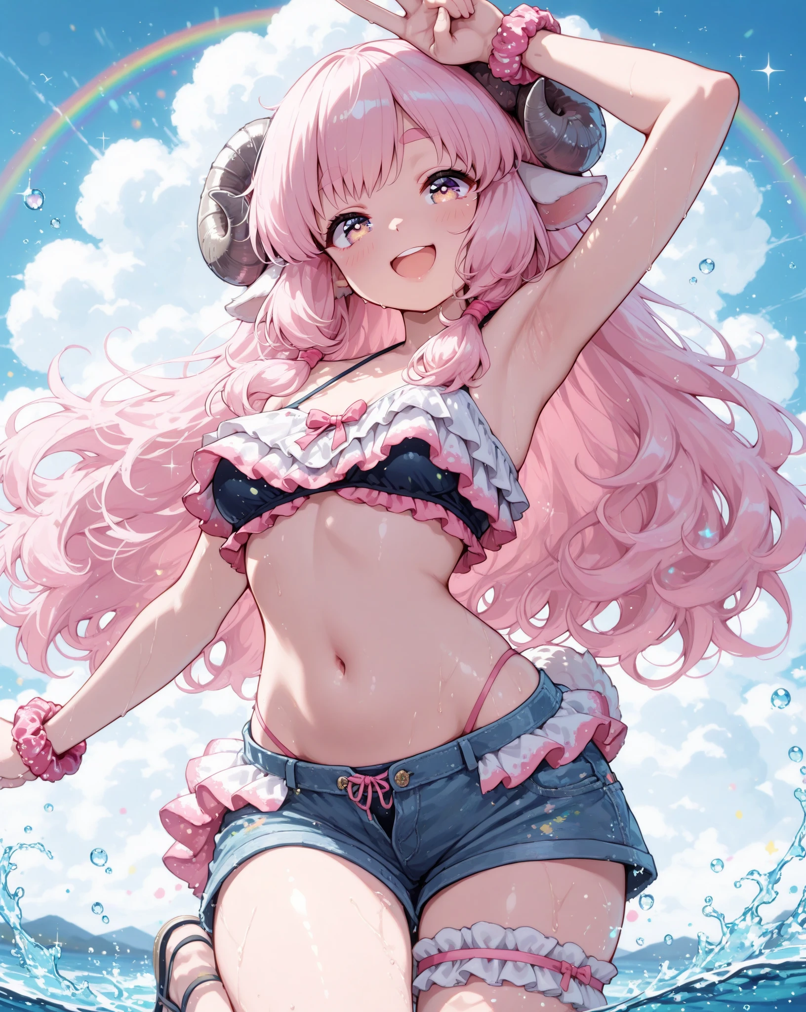 (best quality:1.2), cowboy shot, (solo):1.5, (1girl):1.5, glasses, long fluffy pink hair, gorgeous body, slight smile, (bikini clothes), under palm on a windy beach, delicate abs, hair blowing, navel exposed, mid breasts, oil painting, ultra-detailed, professional, vivid colors, portraits, warm color tone, soft lighting.