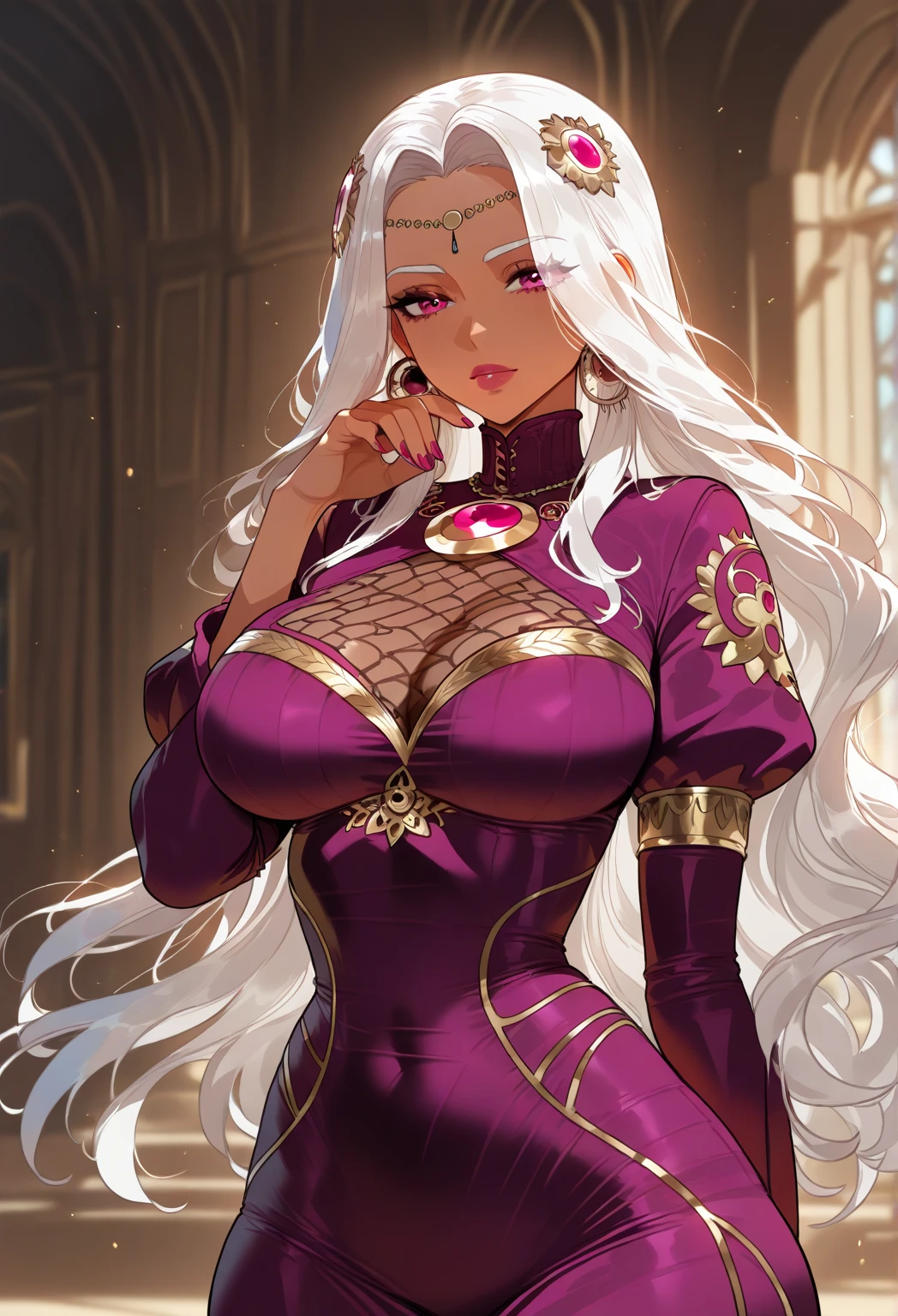 1 mature girl, beautiful face, slim body, very big breasts, Long silver hair, Flat bangs, straight hair, pink eyes, Princess dresses, medieval dresses, dress with a flared skirt, covered chest, A princess, luxurious, Smile