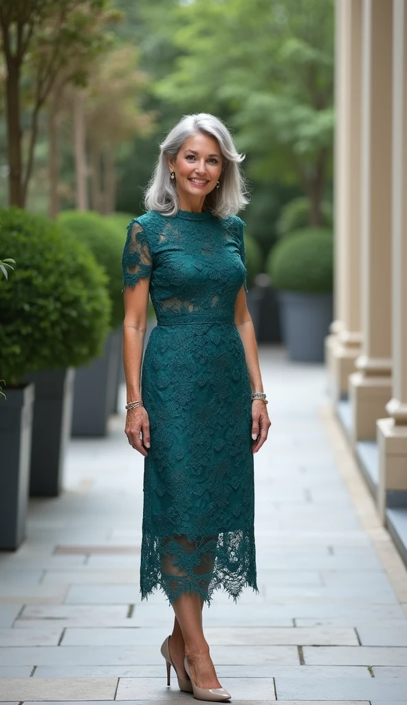 (Gorgeous and Glamour woman 70yo with gigantic breast running in the city, she's a lawyer, (vibrant green elegant chiffon dress with a deep neckline:1.4), red lips, (((saggy busty breast))), generous cleavage, realistic photography