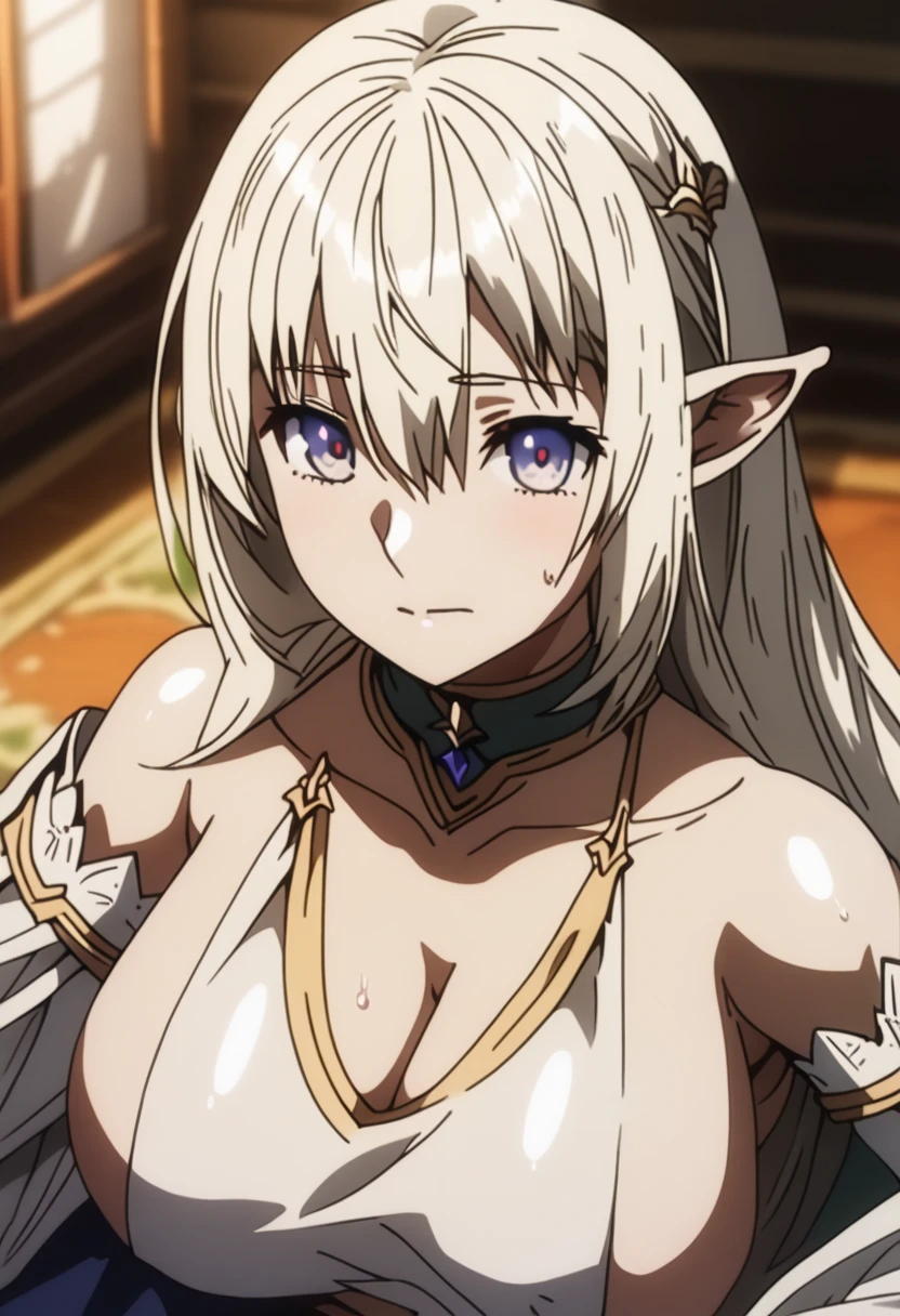 score_9, score_8_up, score_7_up, source_anime, 2d, anime coloring, anime screencap, detailed eyes, zPDXL, perfect faces, uncensored, rating_explicit, Edelgard, 1girl, dark skin, elf ears, blue eyes, blonde hair, long hair, twintails, braid, red hairband,medium breasts,metal armor, black shirt, yellow wristband, black gloves, brown shorts, bare arms, girl on top, clothed male, frottage, pov, smile, blush, drunk,