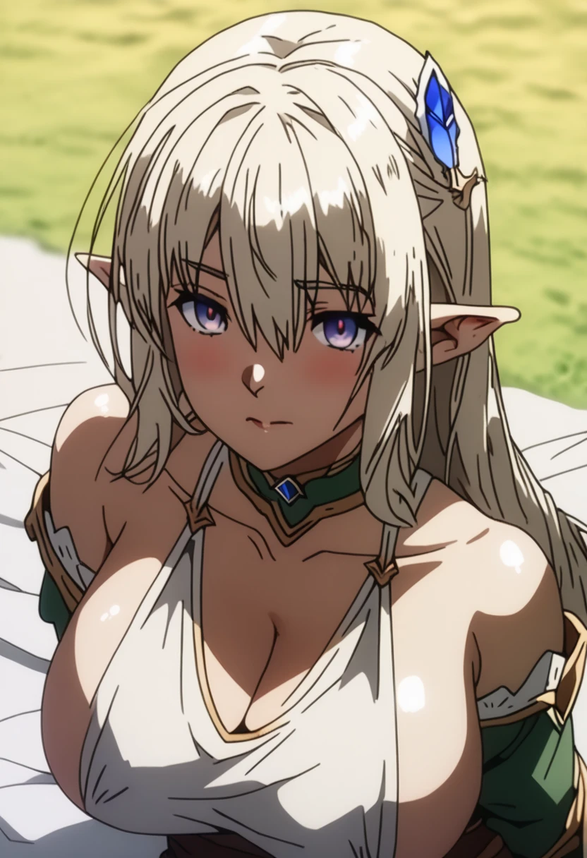 (high resolution, clear focus, weak outline:1.3), ((big breast, breast cleavage)), ((beautiful eyes)), raised sexy,  (silver hair), twintails, very long hair, asymmetric hair, half updo hair, ) , ((green eyes,)),  bokeh , tight focus, (correct anatomy:1.6, ideal ratio of body proportions),  wz_sousou_no_frieren_style,  pointy ears, elf, white capelet, green eyes, black pantyhose, earrings, white skirt, belt, white sleeves, (in the forest), headgrabblowjob, 1girl, hetero, penis, 1boy, (fellatio), (oral), uncensored, testicles, hands on another's head, erection, realistic, male pubic hair, solo focus, pubic hair, (pov), ((excited)),  (Shot from above), (on her knees),