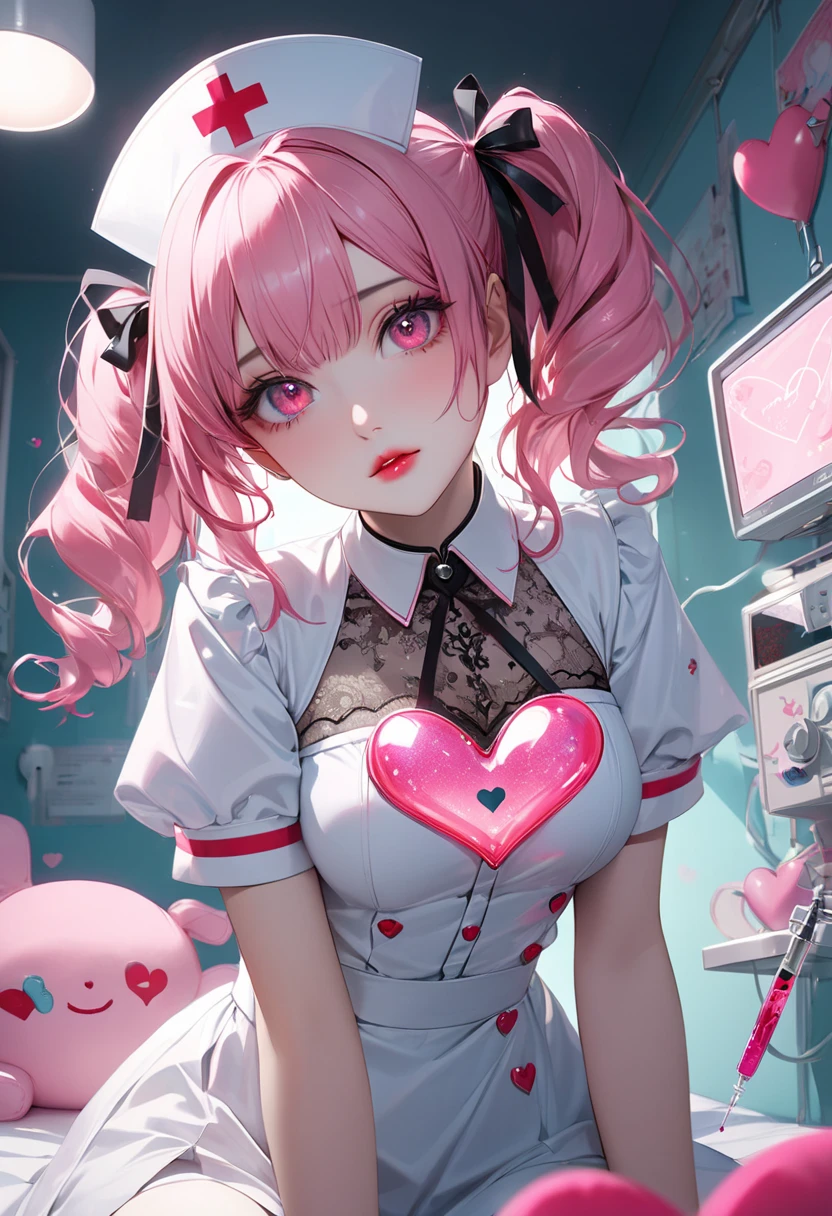 Nurse&#39;s joy、(hair ring)、Pokémon Center、peach hair、peach hair、peach hair、of the highest quality、Masterpiece、An illustration、(real、photorealistic:1.37)、amazing、fine details、incredibly absurd、huge file size、Ultra-details、high resolution、Highly detailed CG Unity 8k wallpaper、ray tracing、NSFW、naked、Mature woman with colossal breasts、orgasm、blush、ピンクの髪を両側の 2 つのhair ringに結んだ若いMature woman with colossal breastsのかわいいrealな絵頭と前髪。she中央に赤い十字が入った非常に大きなバストを露出した白いナースキャップをかぶり、wearing a white apron。she、Colorful cartoon monster standing in the background of an examination room designed as a spotlight。少しblushした可愛らしい表情をしています。
