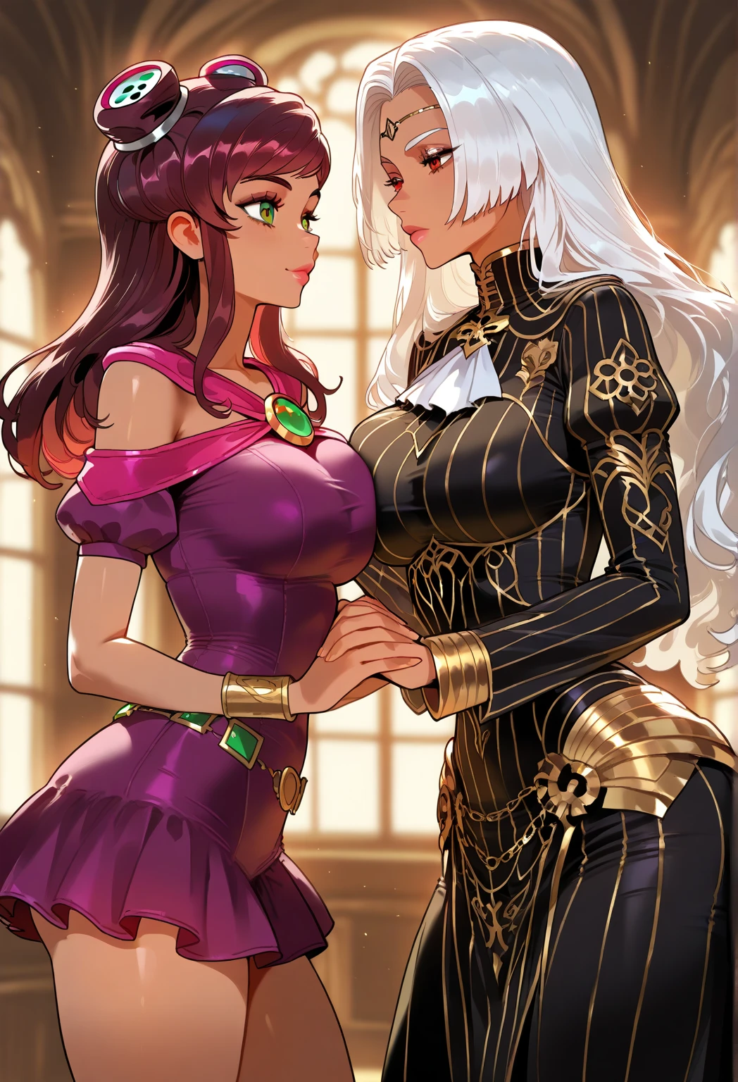 (masterpiece、top-quality、hight resolution、Unity 8k Wallpaper、extremely details CG:1), The film describes a scene in which two women are beginning a lesbian sexual act together on a bed in a private room. The young woman, nervous for the first time, is being coached by an experienced lesbian senior. The senior gently touches the young woman's body and gently teaches her lesbianism. The intimate setting, in which they only see each other, accentuates their loving relationship and expresses the young woman's desire for the unknown and pleasure from her senior. nsfw