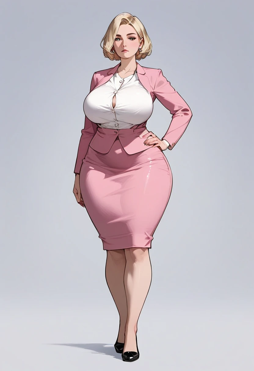 woman, white shirt, cleavage, white blazer, white pencil skirt, white high heels, large breasts,, red hair, full body shot, muscular body