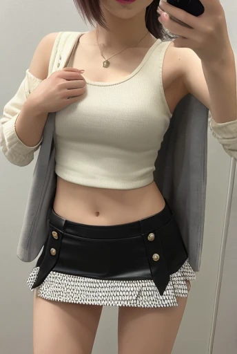 4K, masterpiece, 8k, high quality, 最high quality,10歳のcute少等生, Very white skin, Long brown hair,a bit,Low length,freckles,Thin eyebrows,Straight bangs,(Flat Chest) ,feminine, Tilt, elegant, elegant, cute, smile, cute, Hilarious, belly button, Denim Low Rise Mini Skirt, ((Black knee socks)), (Ugly clothes)、((Gray background))